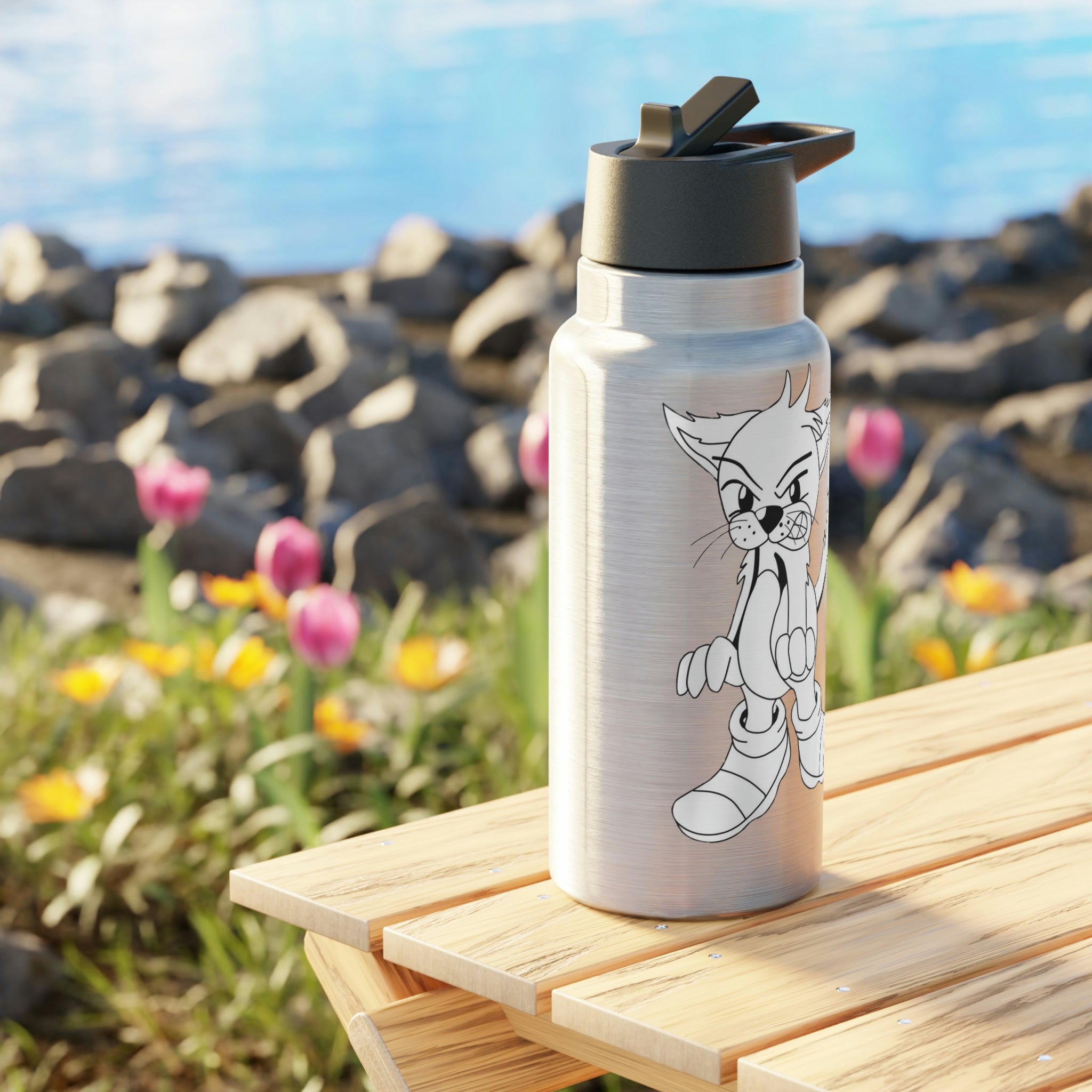 Angry Cat Gator Tumbler in stainless steel with a black cap and plastic straw, showcasing a customizable design.