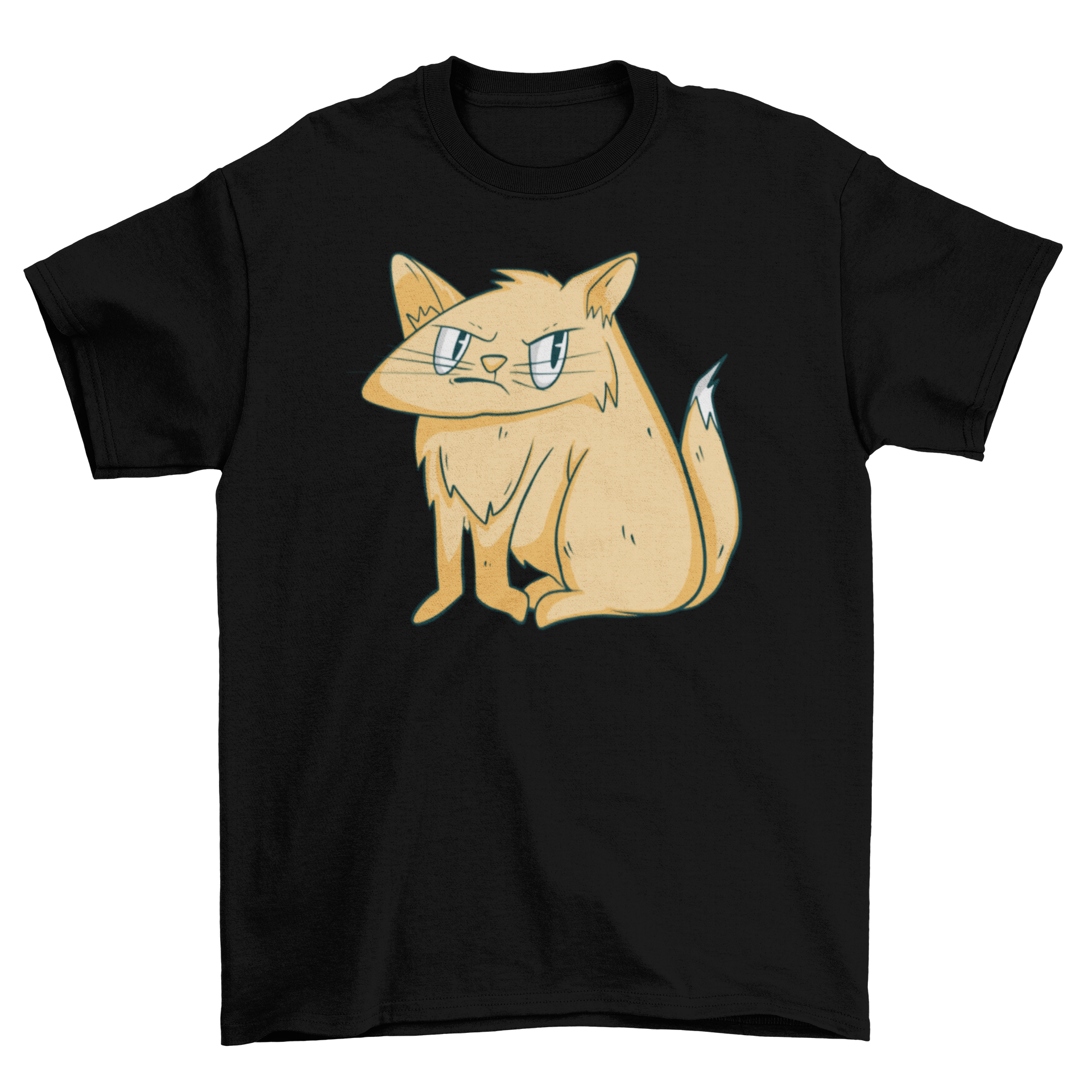 A humorous illustration of an angry cartoon cat on a stylish T-shirt.