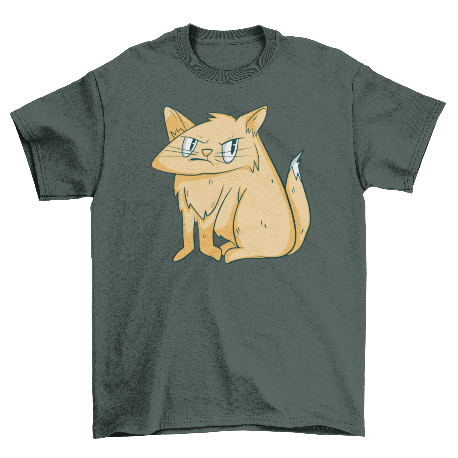 A humorous illustration of an angry cartoon cat on a stylish T-shirt.