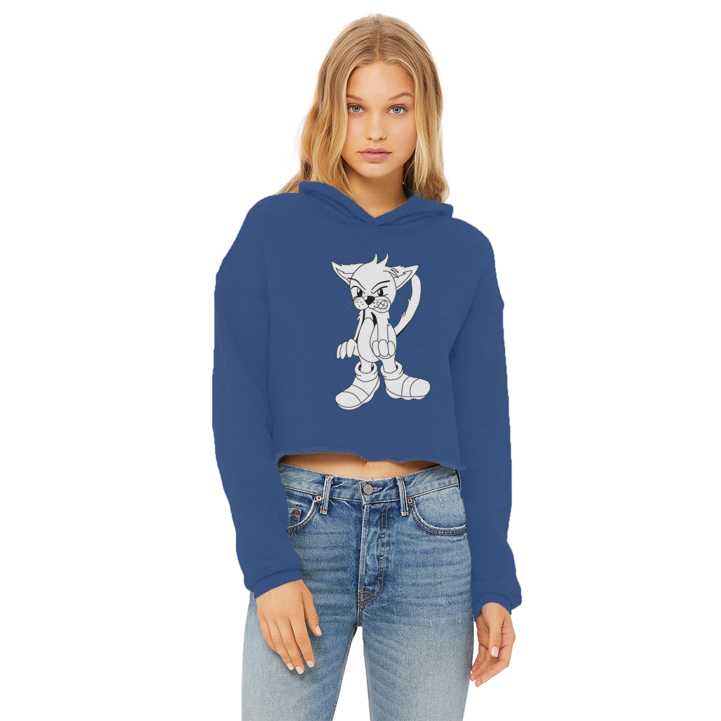 Angry Cat Ladies Cropped Raw Edge Hoodie featuring a stylish cropped design, double fabric hood, and raw edge hem in a soft cotton blend.