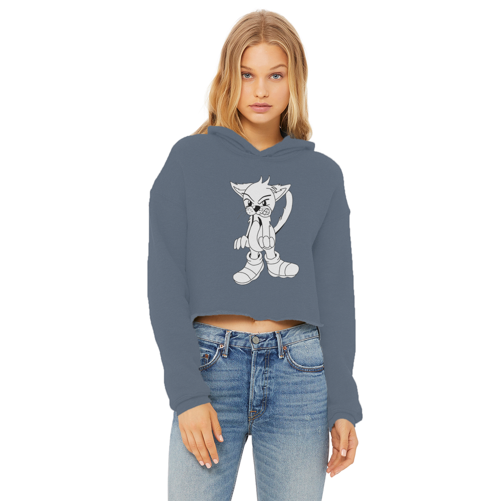 Angry Cat Ladies Cropped Raw Edge Hoodie featuring a stylish cropped design, double fabric hood, and raw edge hem in a soft cotton blend.