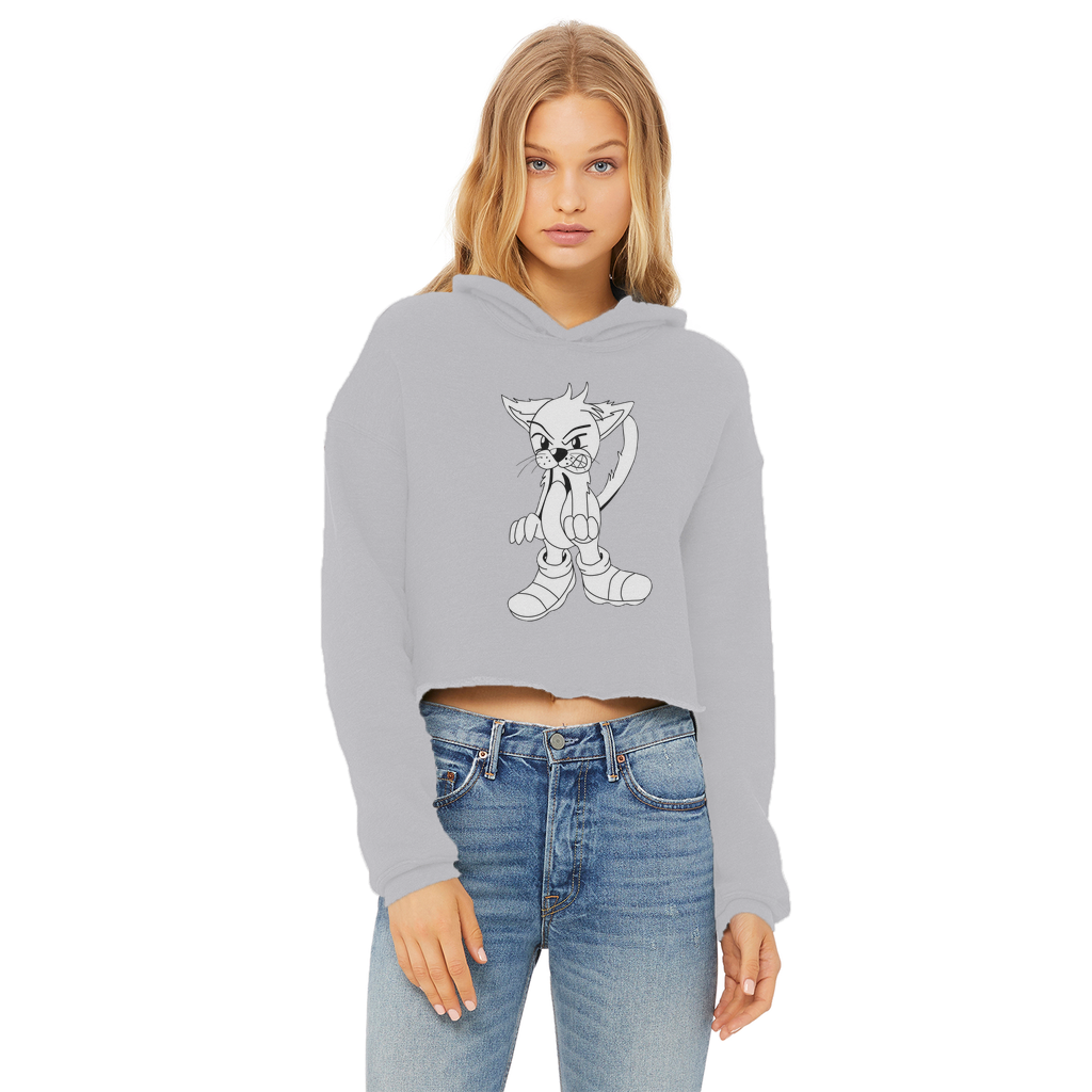 Angry Cat Ladies Cropped Raw Edge Hoodie featuring a stylish cropped design, double fabric hood, and raw edge hem in a soft cotton blend.