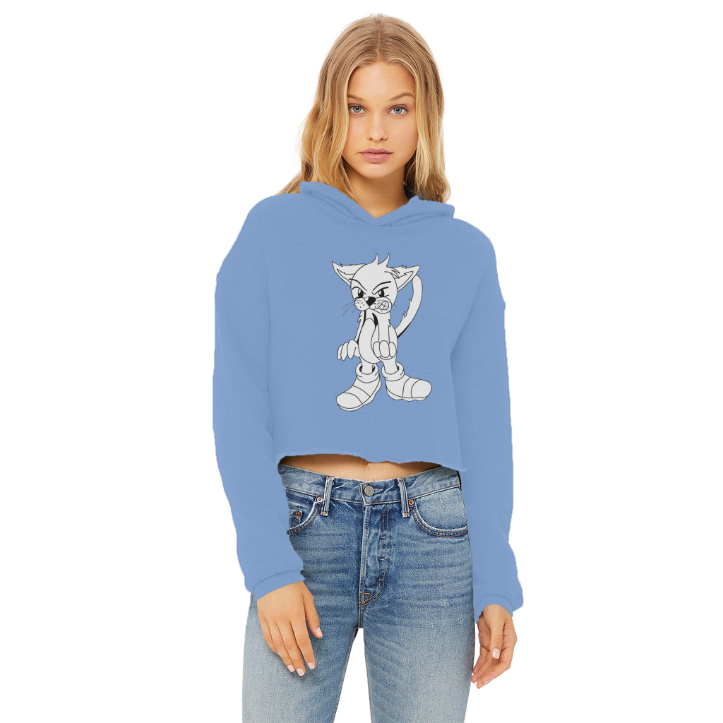 Angry Cat Ladies Cropped Raw Edge Hoodie featuring a stylish cropped design, double fabric hood, and raw edge hem in a soft cotton blend.