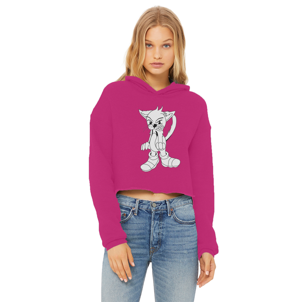 Angry Cat Ladies Cropped Raw Edge Hoodie featuring a stylish cropped design, double fabric hood, and raw edge hem in a soft cotton blend.