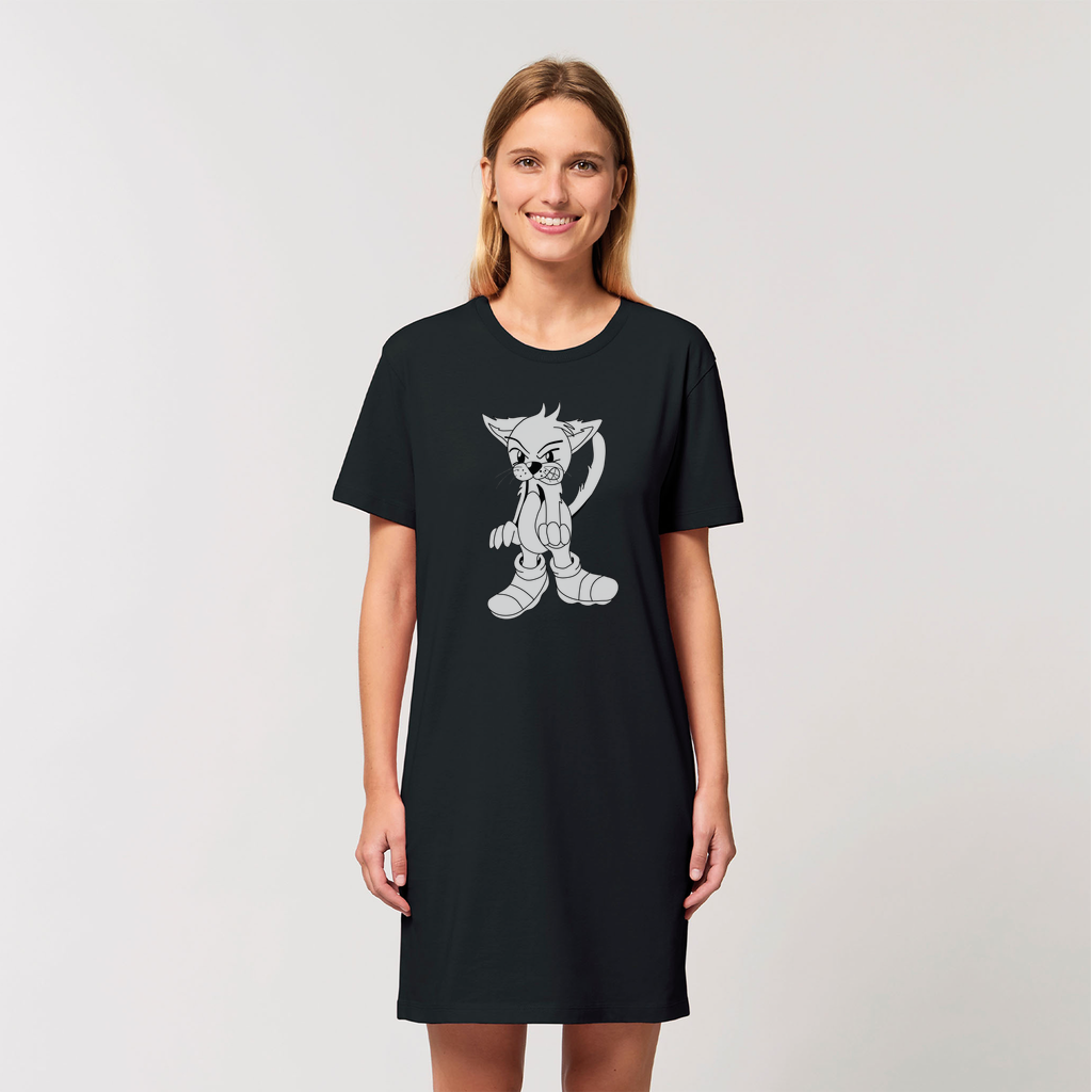 A stylish Angry Cat Organic T-Shirt Dress made from 100% organic cotton, featuring a playful angry cat graphic and a comfortable fit.