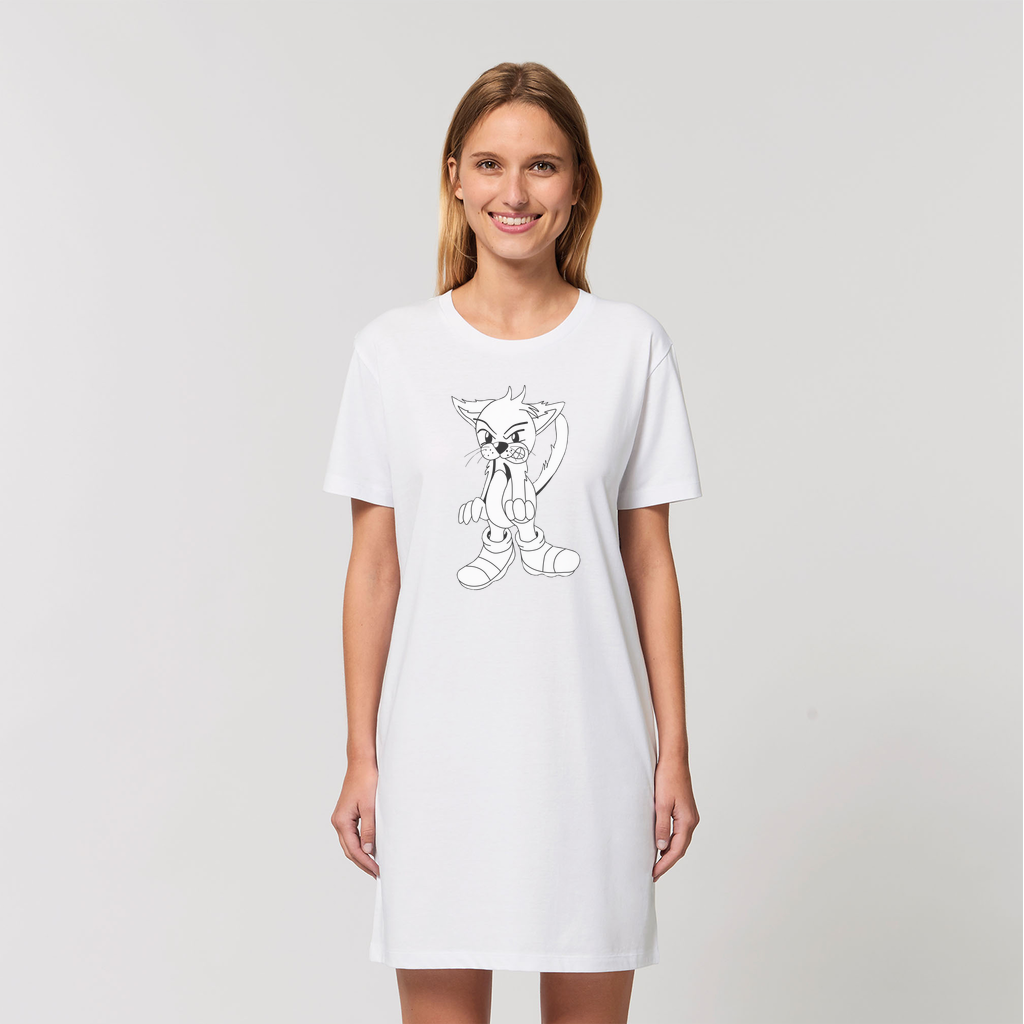 A stylish Angry Cat Organic T-Shirt Dress made from 100% organic cotton, featuring a playful angry cat graphic and a comfortable fit.