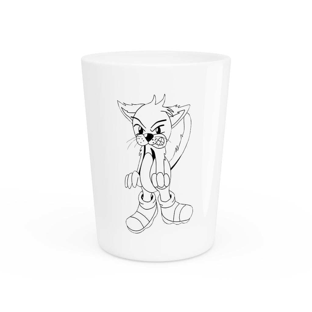 Angry Cat Shot Glass with white ceramic body and customizable design, featuring an angry cat illustration.