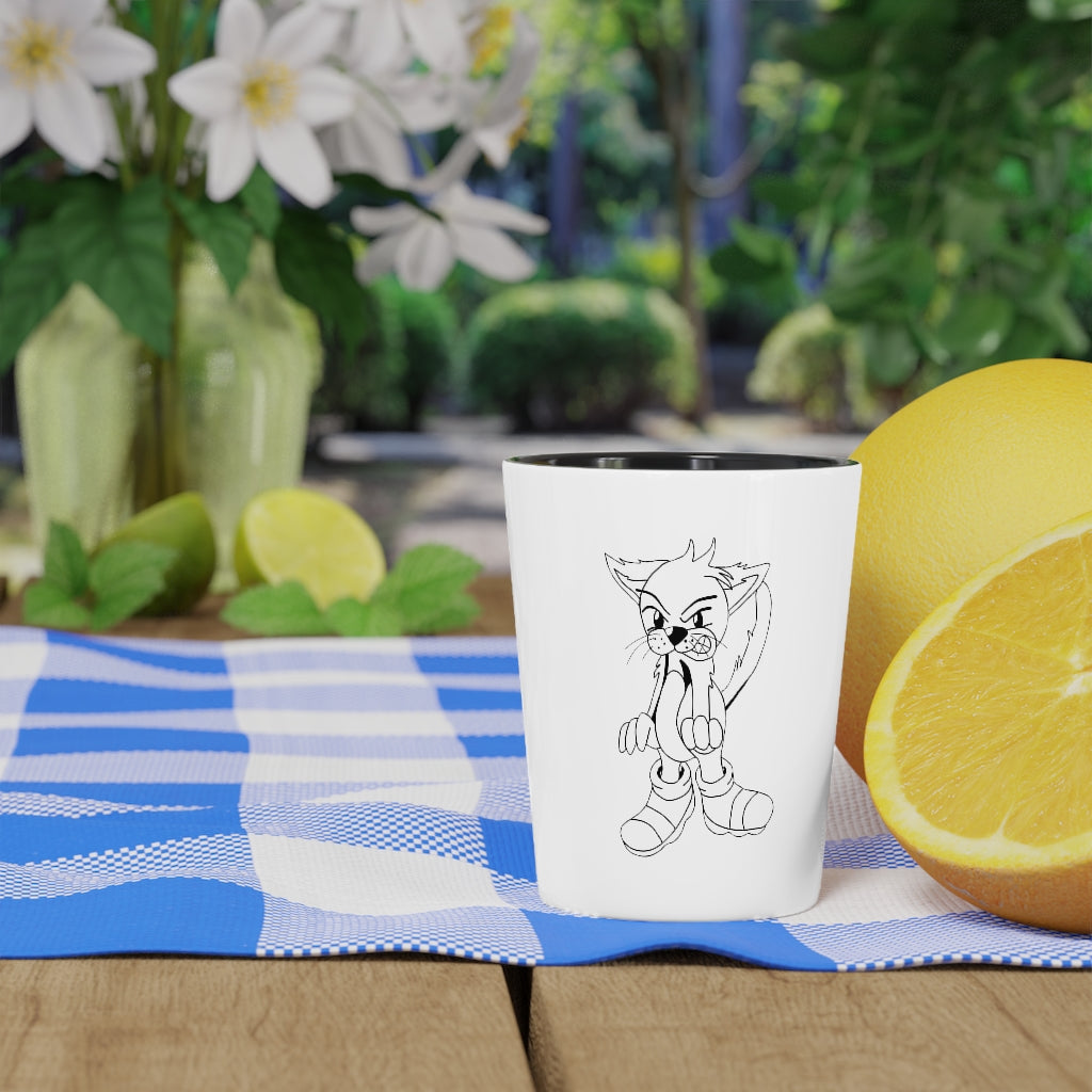 Angry Cat Shot Glass with white ceramic body and customizable design, featuring an angry cat illustration.