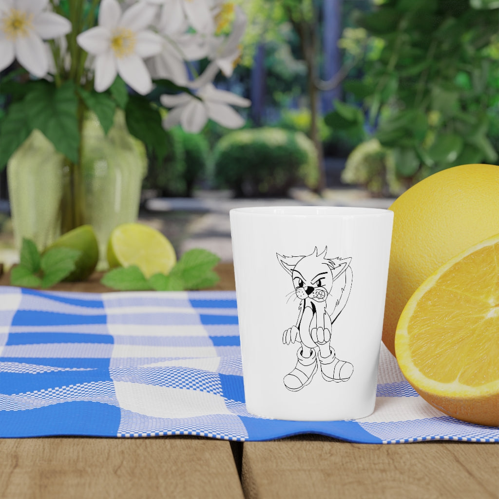 Angry Cat Shot Glass with white ceramic body and customizable design, featuring an angry cat illustration.