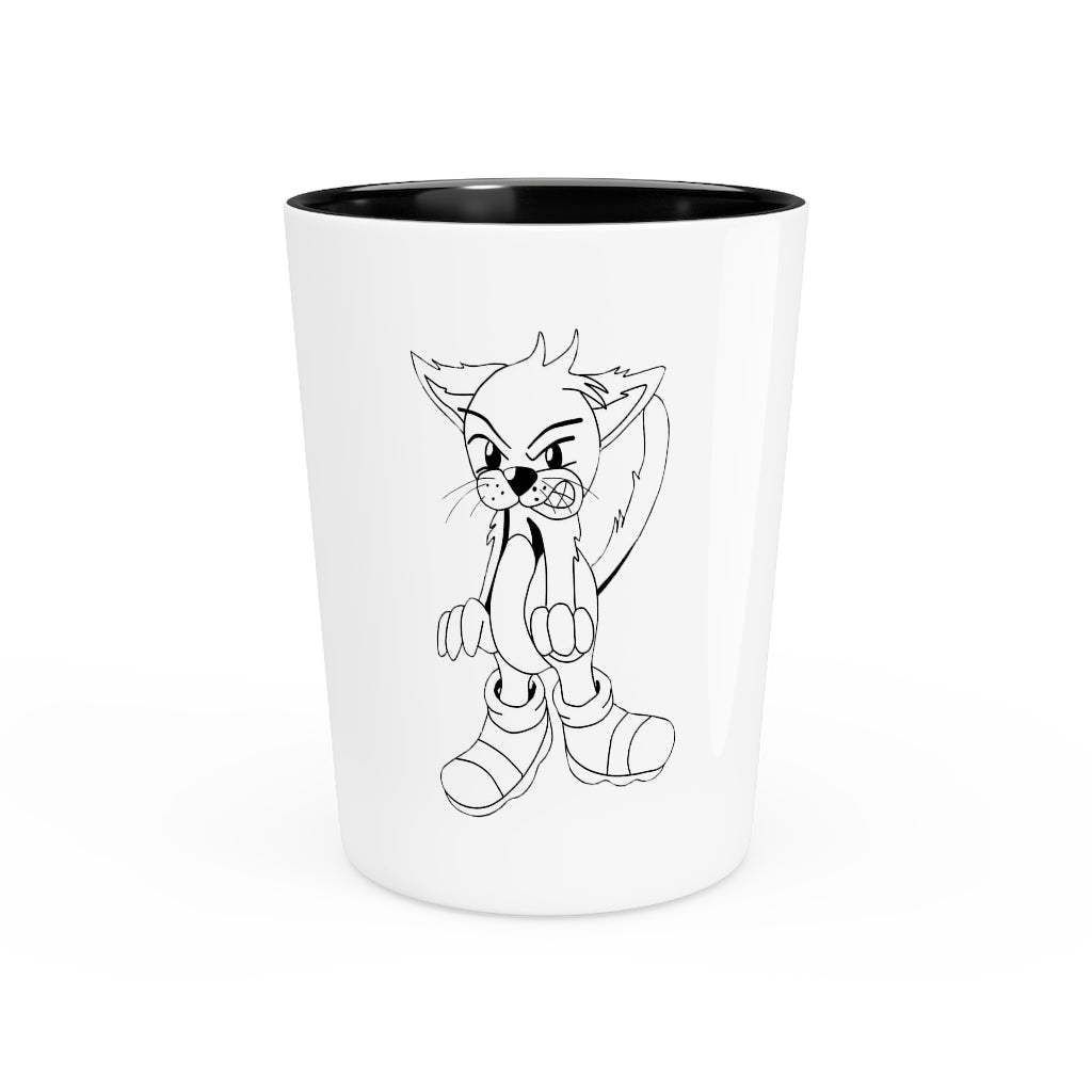 Angry Cat Shot Glass with white ceramic body and customizable design, featuring an angry cat illustration.