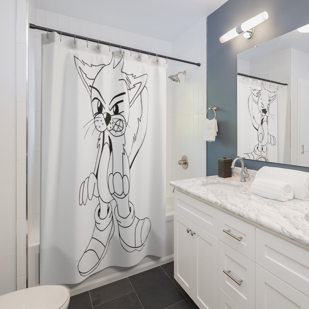 Angry Cat Shower Curtain featuring a vibrant and playful angry cat design on durable polyester fabric.