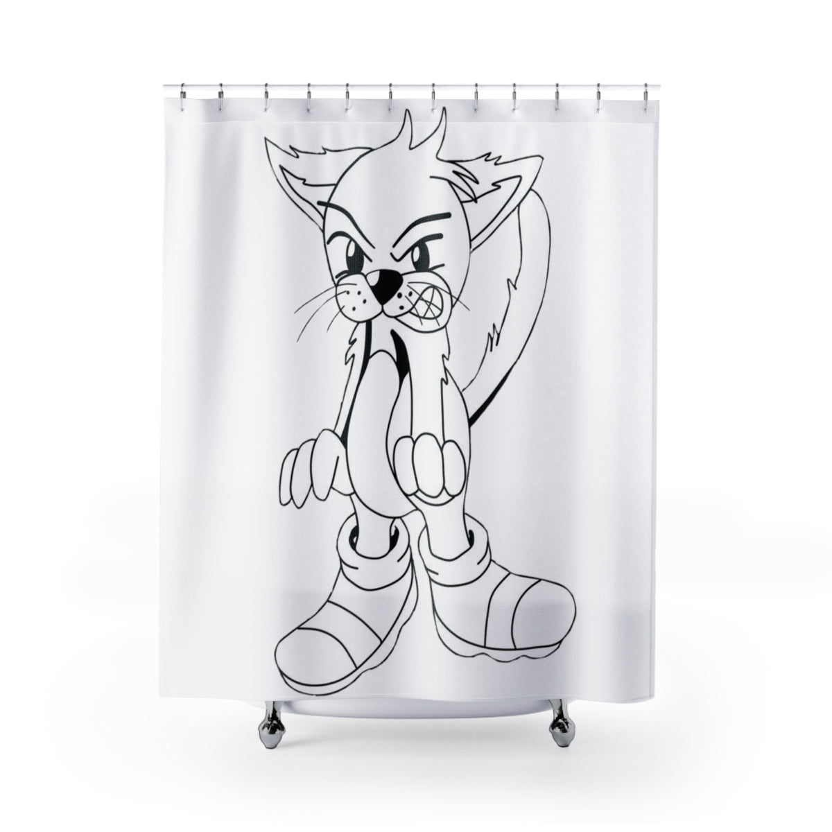 Angry Cat Shower Curtain featuring a vibrant and playful angry cat design on durable polyester fabric.