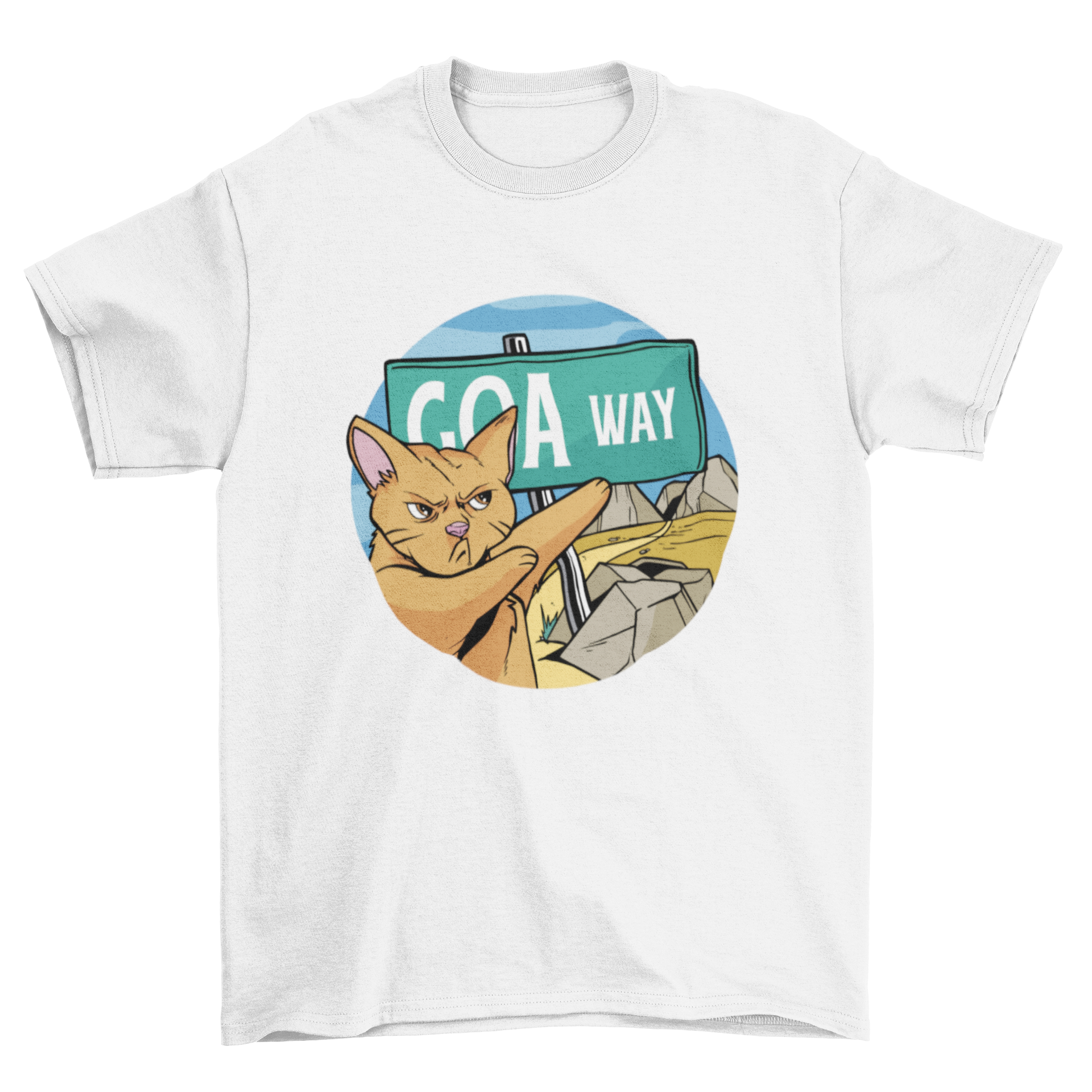 A humorous t-shirt featuring an angry cat pointing at a sign that says 'Goa way', perfect for cat lovers.