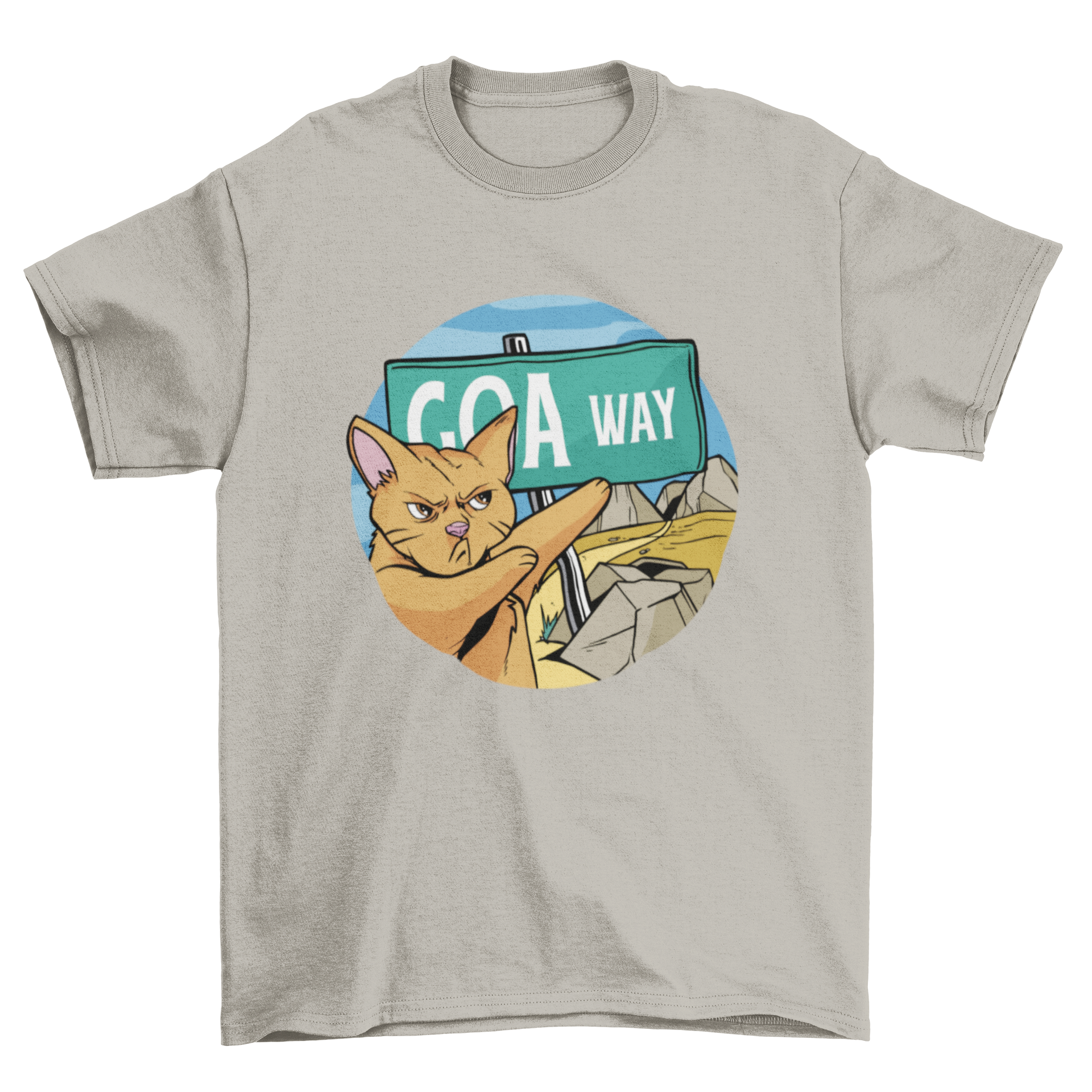 A humorous t-shirt featuring an angry cat pointing at a sign that says 'Goa way', perfect for cat lovers.