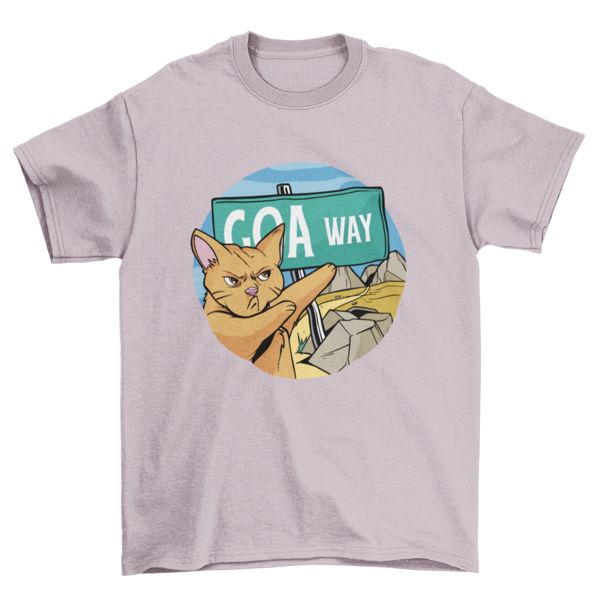 A humorous t-shirt featuring an angry cat pointing at a sign that says 'Goa way', perfect for cat lovers.