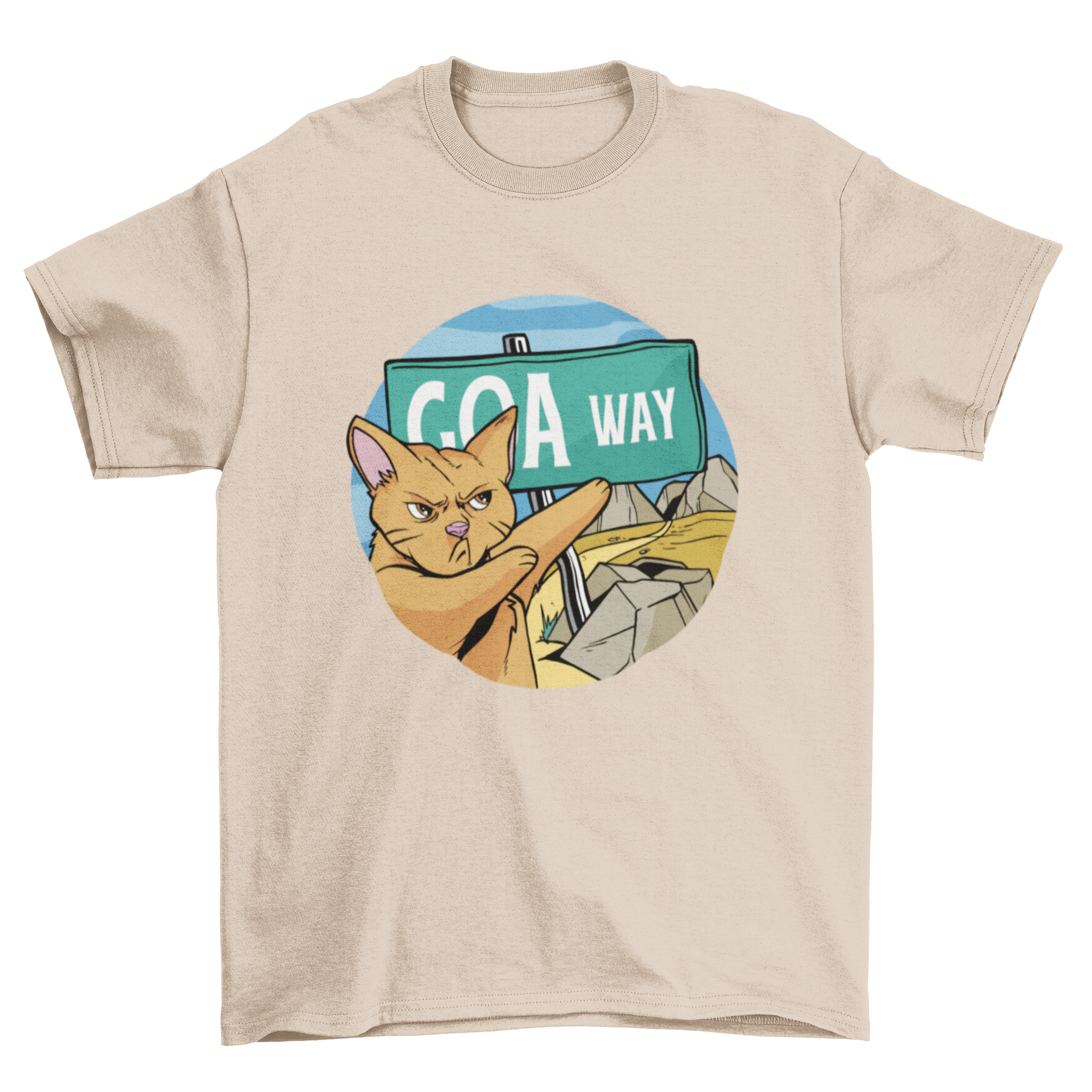 A humorous t-shirt featuring an angry cat pointing at a sign that says 'Goa way', perfect for cat lovers.