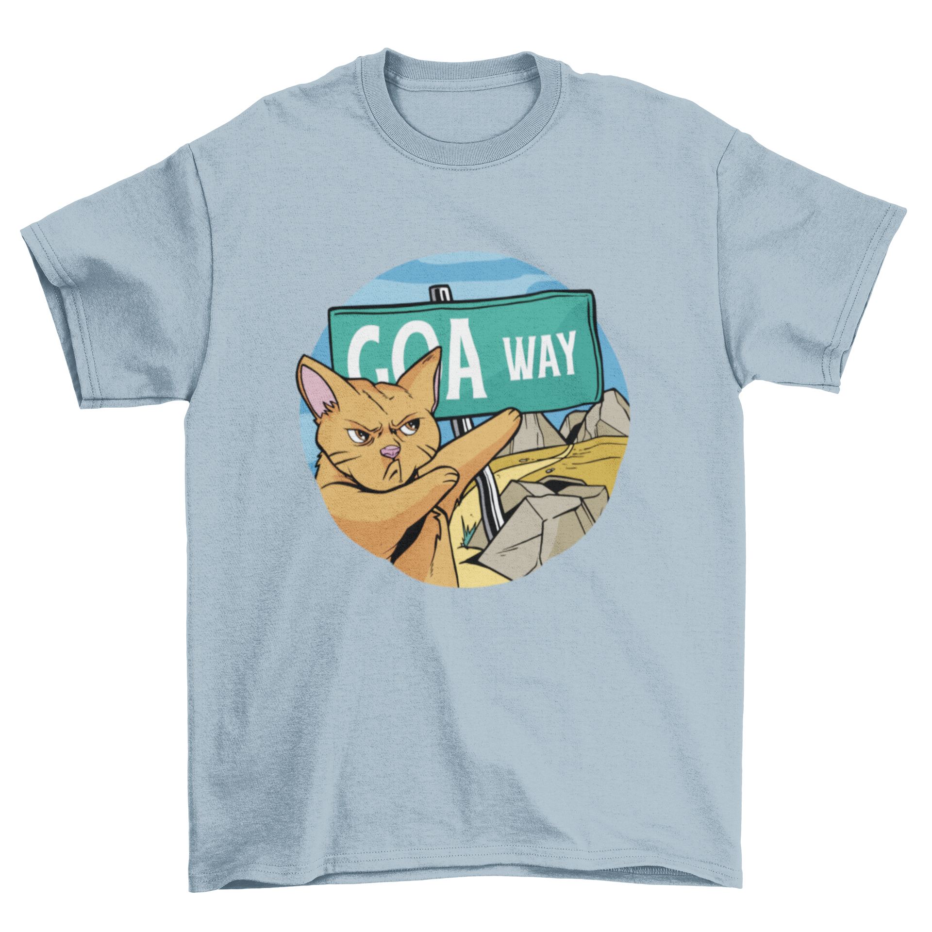 A humorous t-shirt featuring an angry cat pointing at a sign that says 'Goa way', perfect for cat lovers.