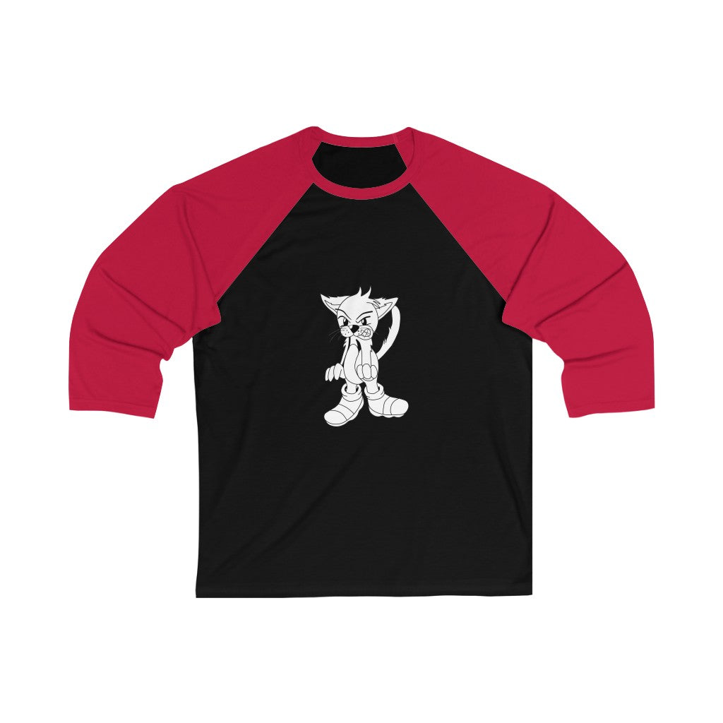 Angry Cat Unisex 3/4 Sleeve Baseball Tee featuring a playful cat design, ribbed collar, and stylish sleeves.