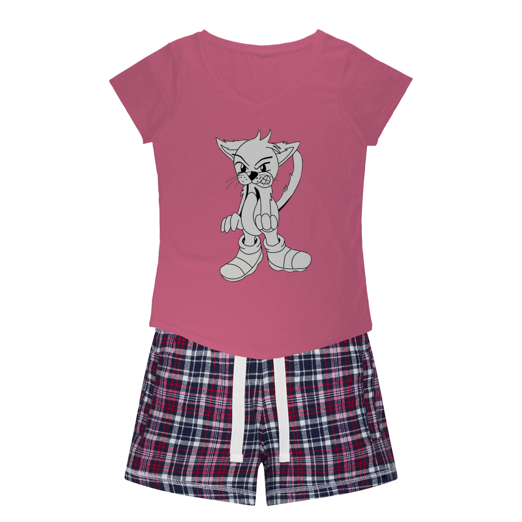 Angry Cat Women's Sleepy Tee and Flannel Short set featuring a relaxed fit T-shirt and colorful flannel shorts, perfect for lounging.