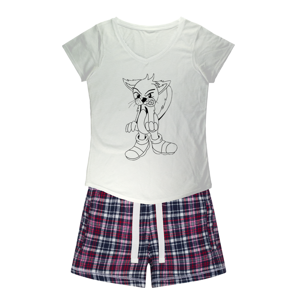 Angry Cat Women's Sleepy Tee and Flannel Short set featuring a relaxed fit T-shirt and colorful flannel shorts, perfect for lounging.