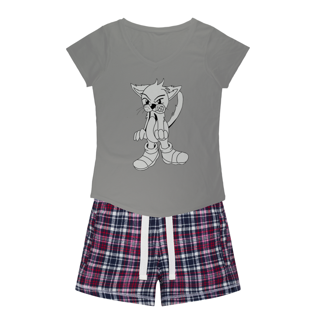 Angry Cat Women's Sleepy Tee and Flannel Short set featuring a relaxed fit T-shirt and colorful flannel shorts, perfect for lounging.