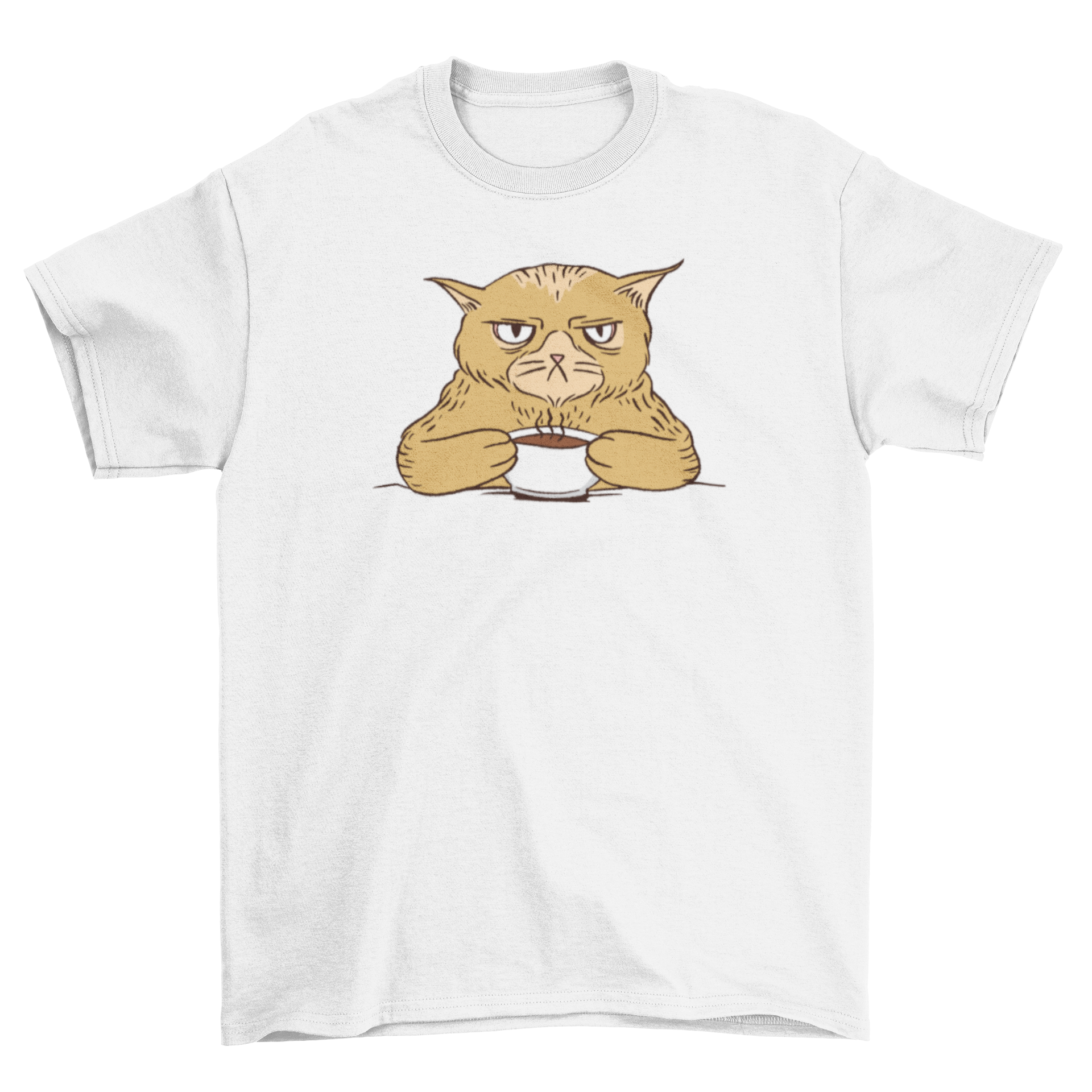 A stylish t-shirt featuring an illustration of an angry cat drinking coffee, perfect for cat lovers.