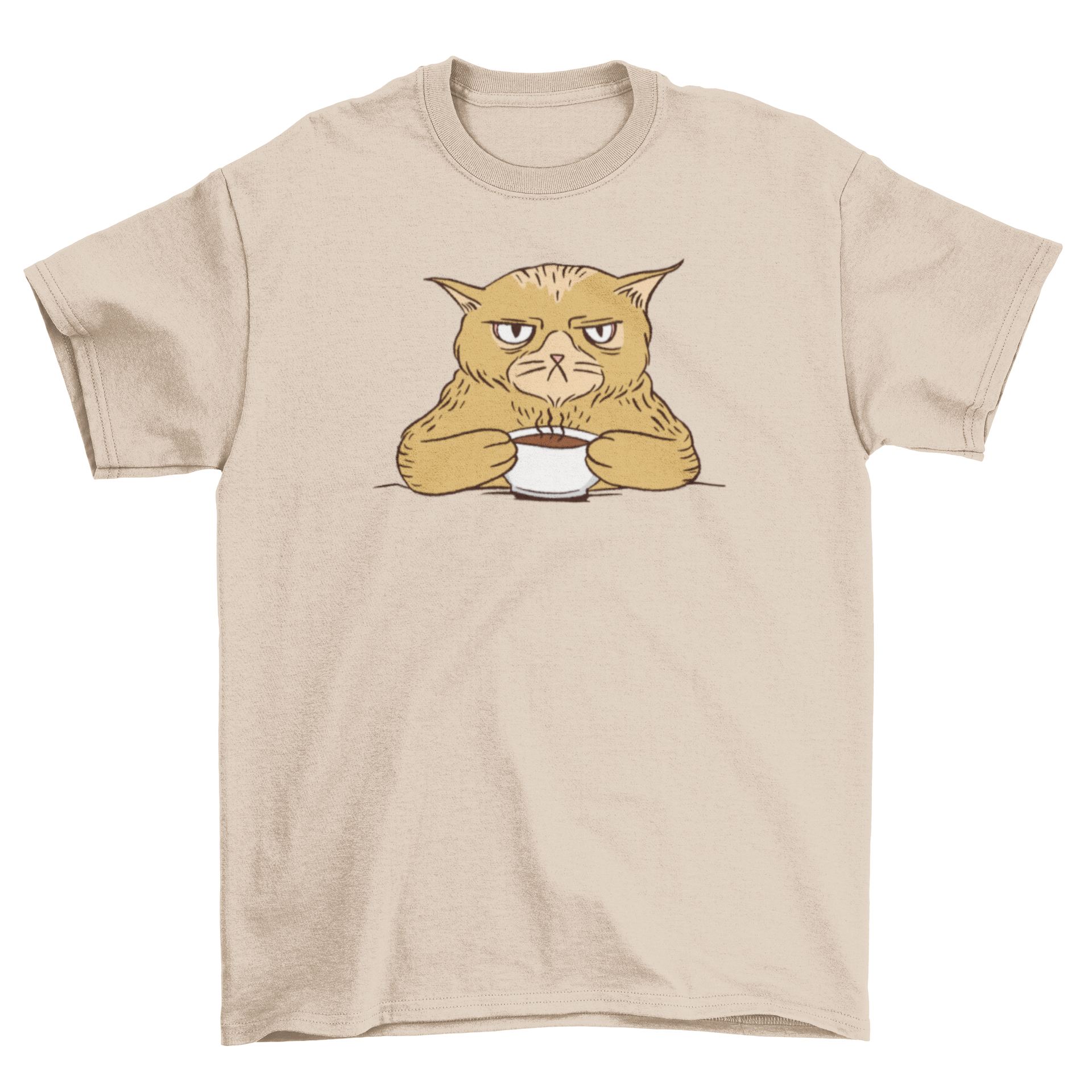 A stylish t-shirt featuring an illustration of an angry cat drinking coffee, perfect for cat lovers.