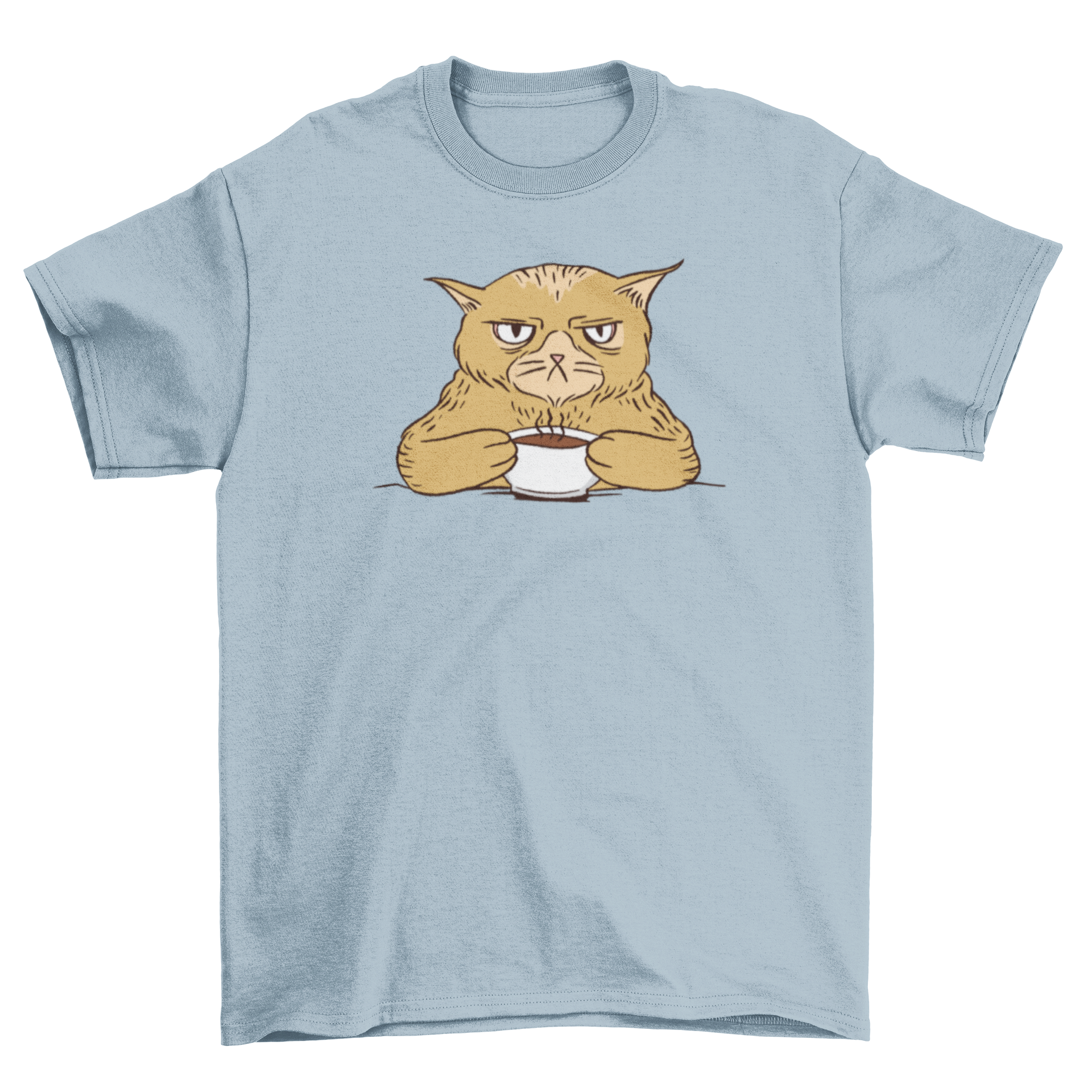 A stylish t-shirt featuring an illustration of an angry cat drinking coffee, perfect for cat lovers.