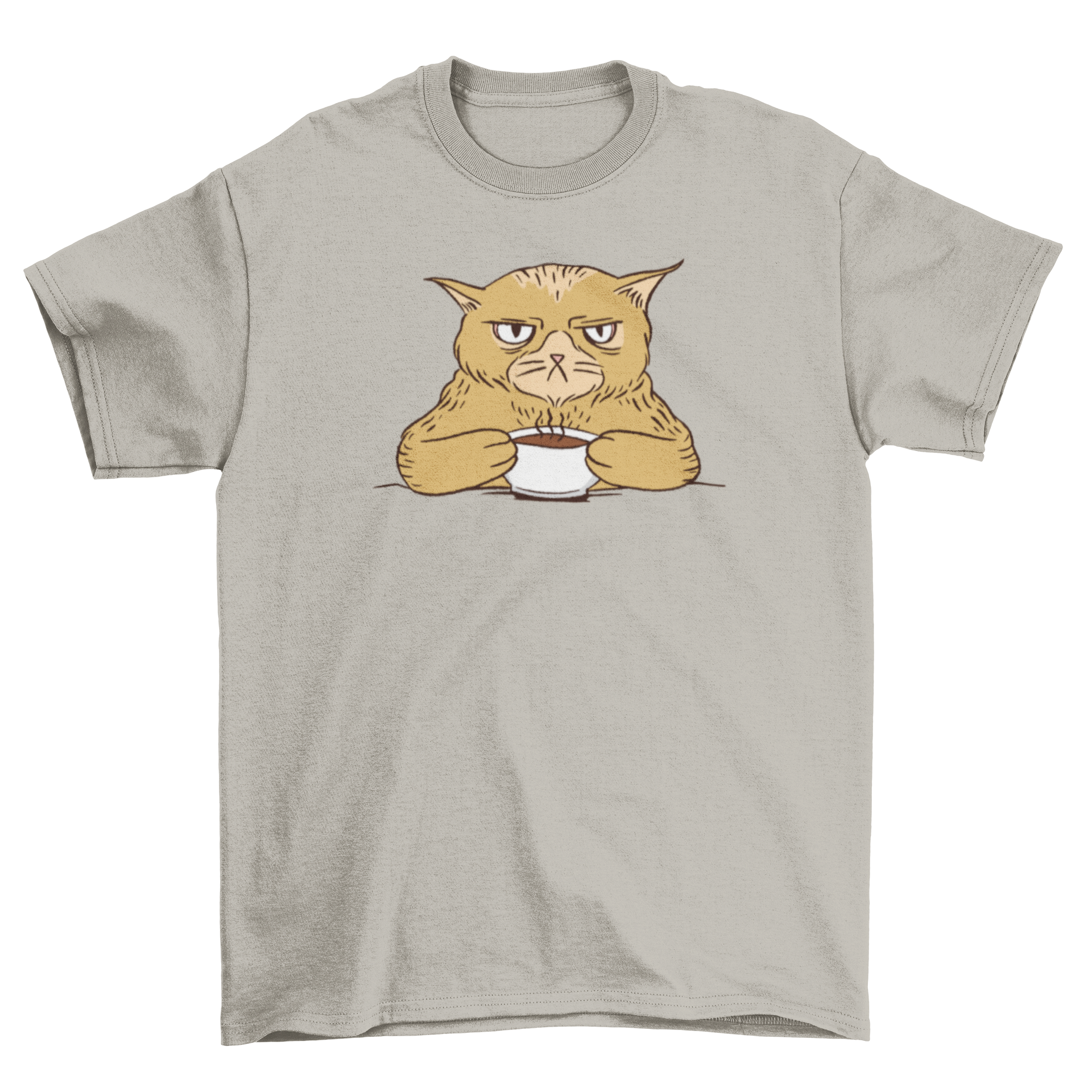 A stylish t-shirt featuring an illustration of an angry cat drinking coffee, perfect for cat lovers.