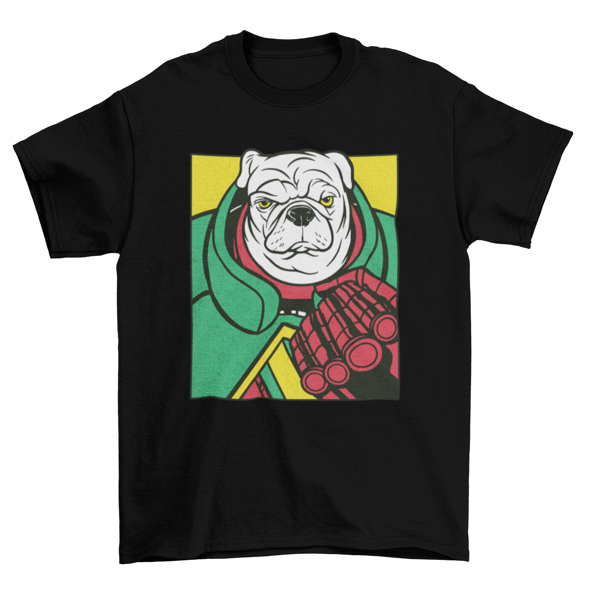 Angry dog comic character t-shirt design featuring a playful dog in vibrant colors.