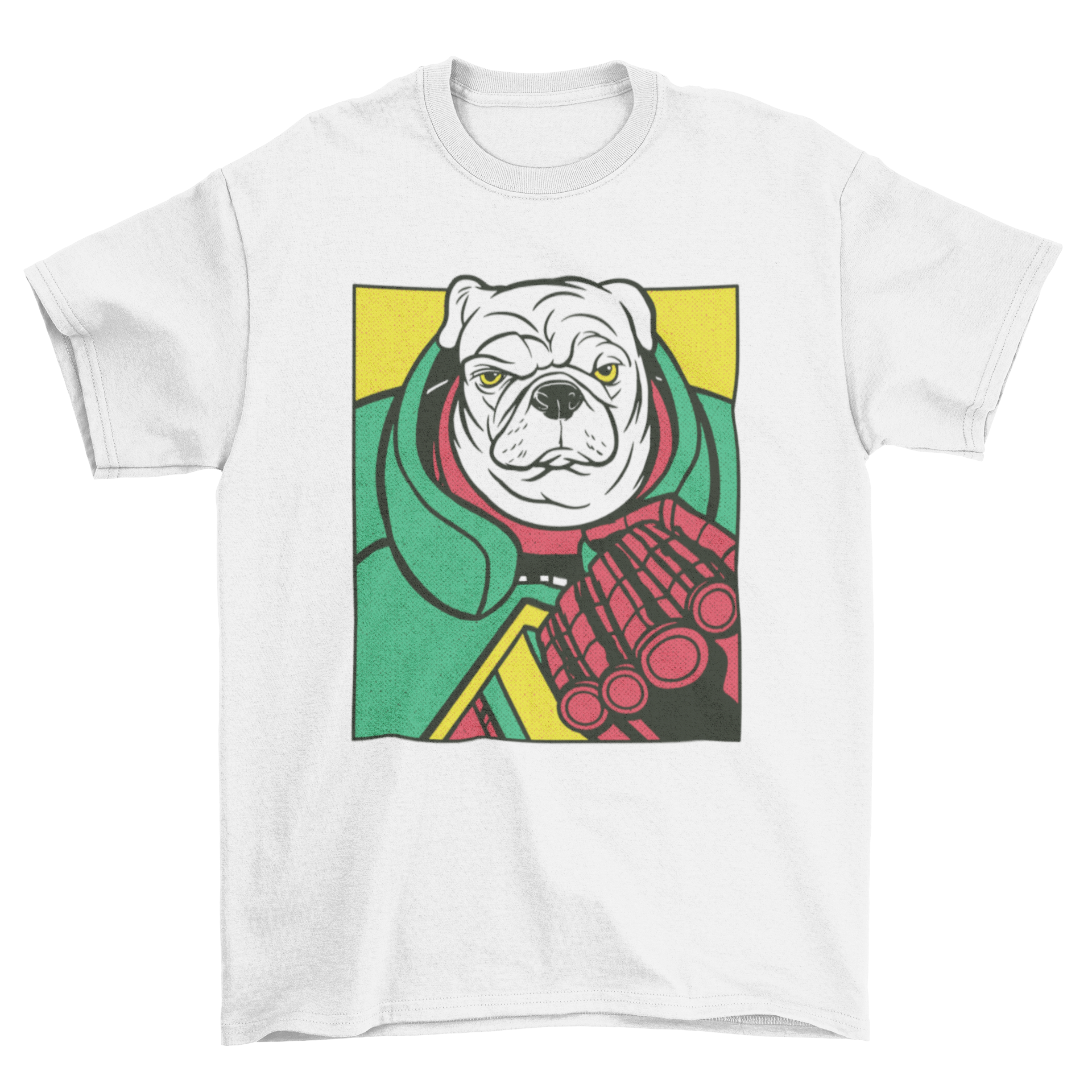 Angry dog comic character t-shirt design featuring a playful dog in vibrant colors.