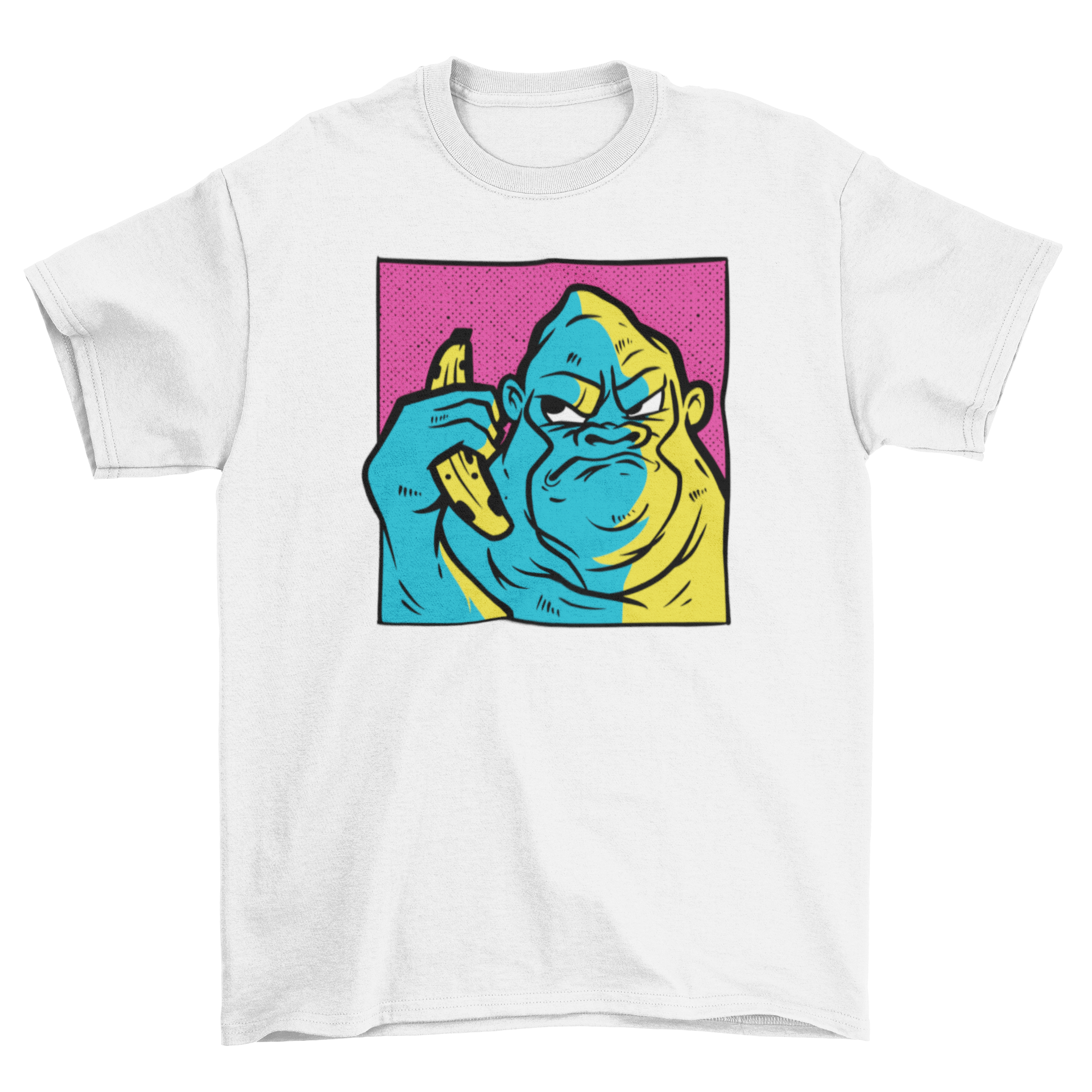 A stylish t-shirt featuring an angry gorilla holding a banana, showcasing a unique and fun design.