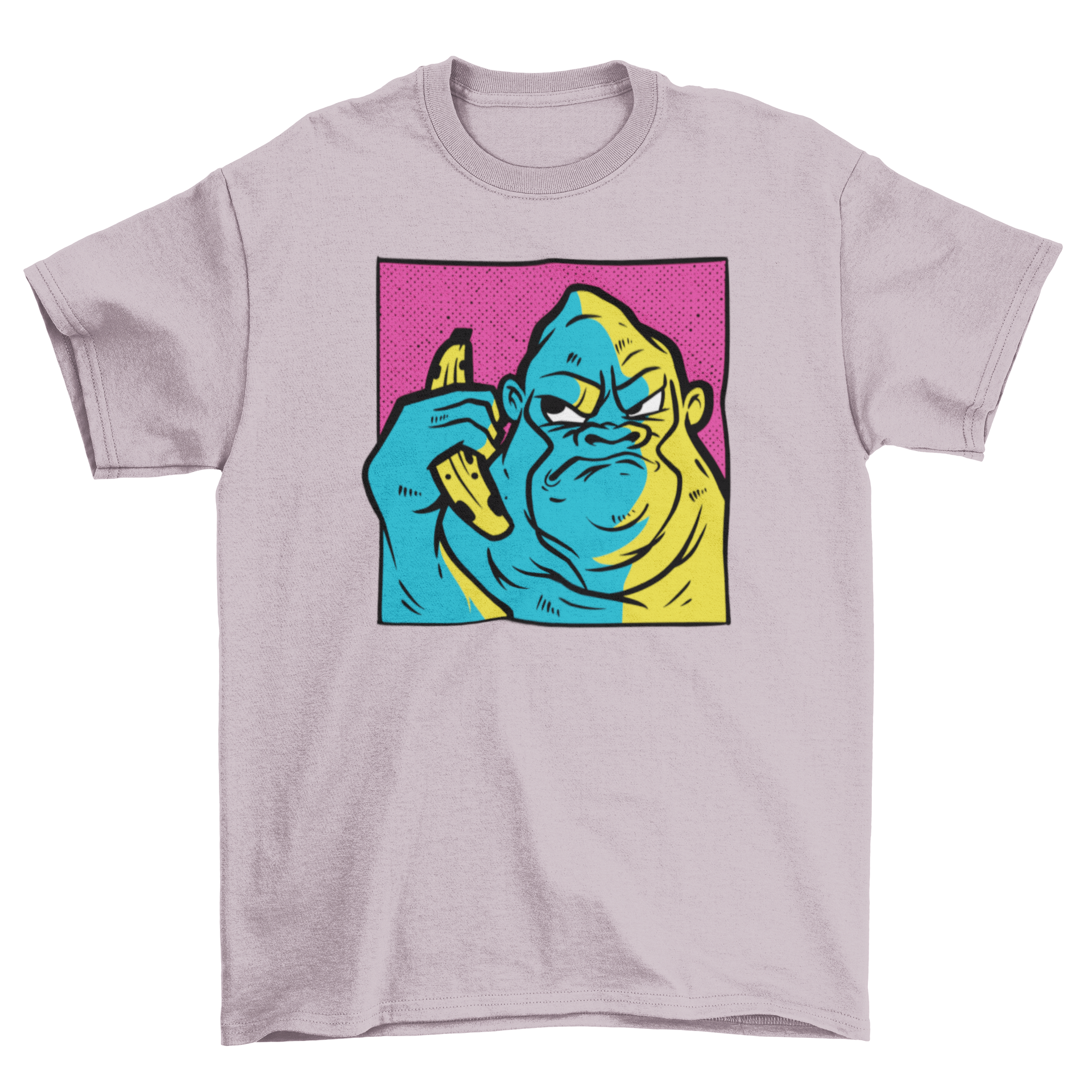 A stylish t-shirt featuring an angry gorilla holding a banana, showcasing a unique and fun design.