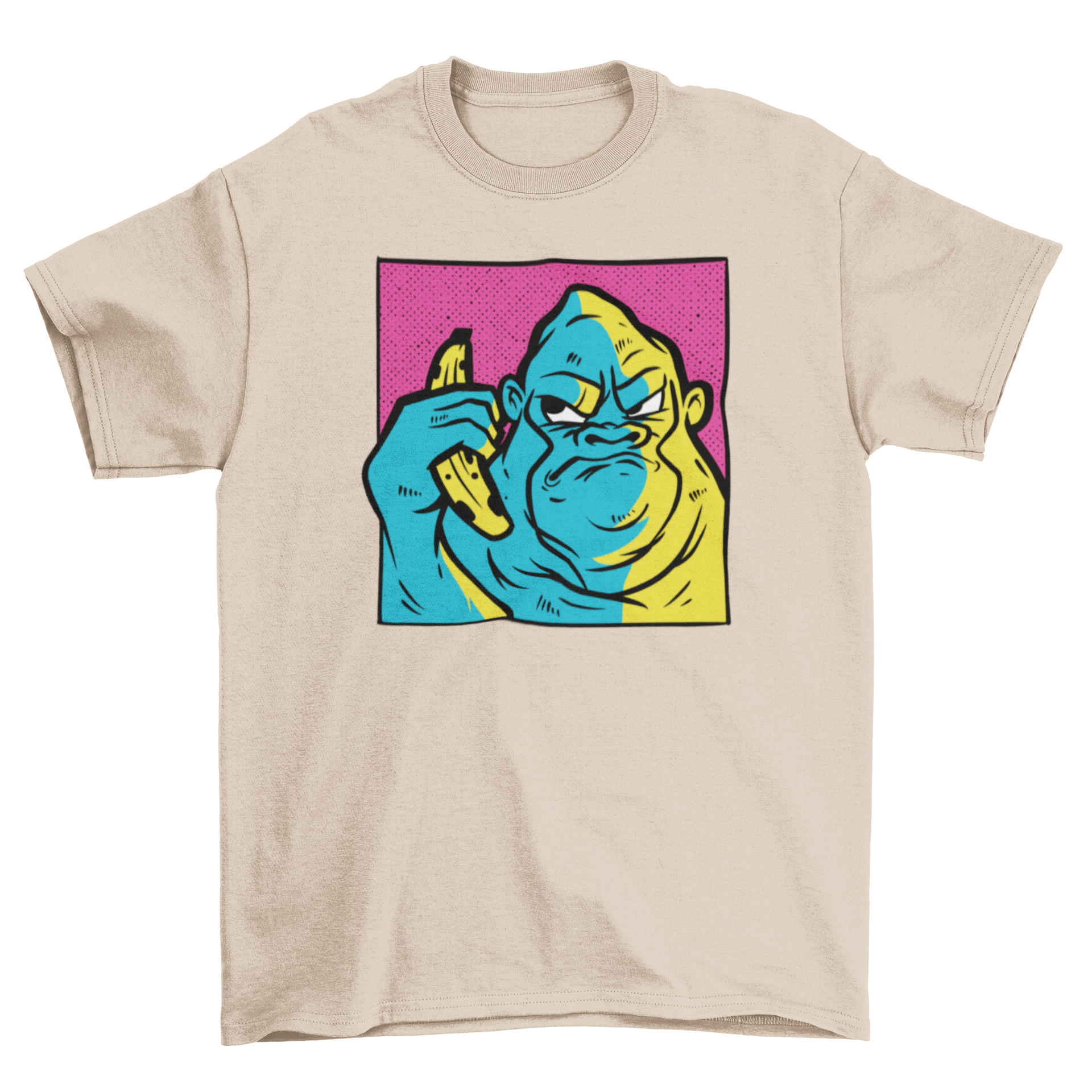 A stylish t-shirt featuring an angry gorilla holding a banana, showcasing a unique and fun design.