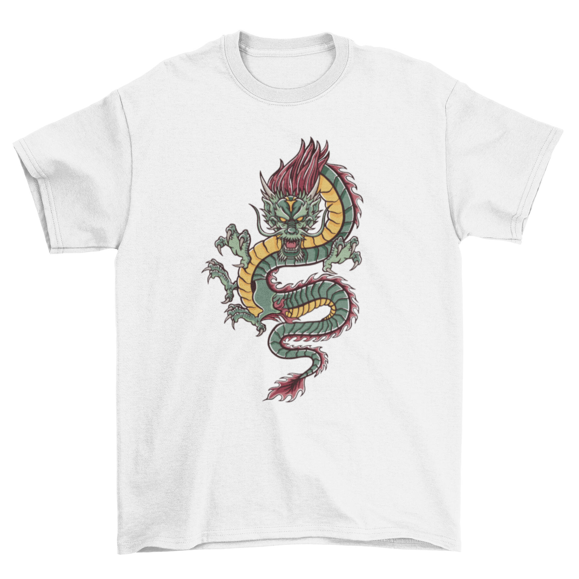 A vibrant t-shirt featuring an angry green dragon design, showcasing intricate details and bold colors.