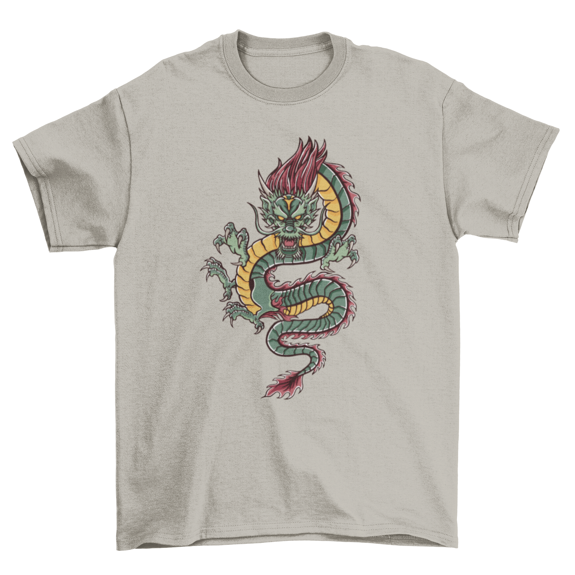 A vibrant t-shirt featuring an angry green dragon design, showcasing intricate details and bold colors.