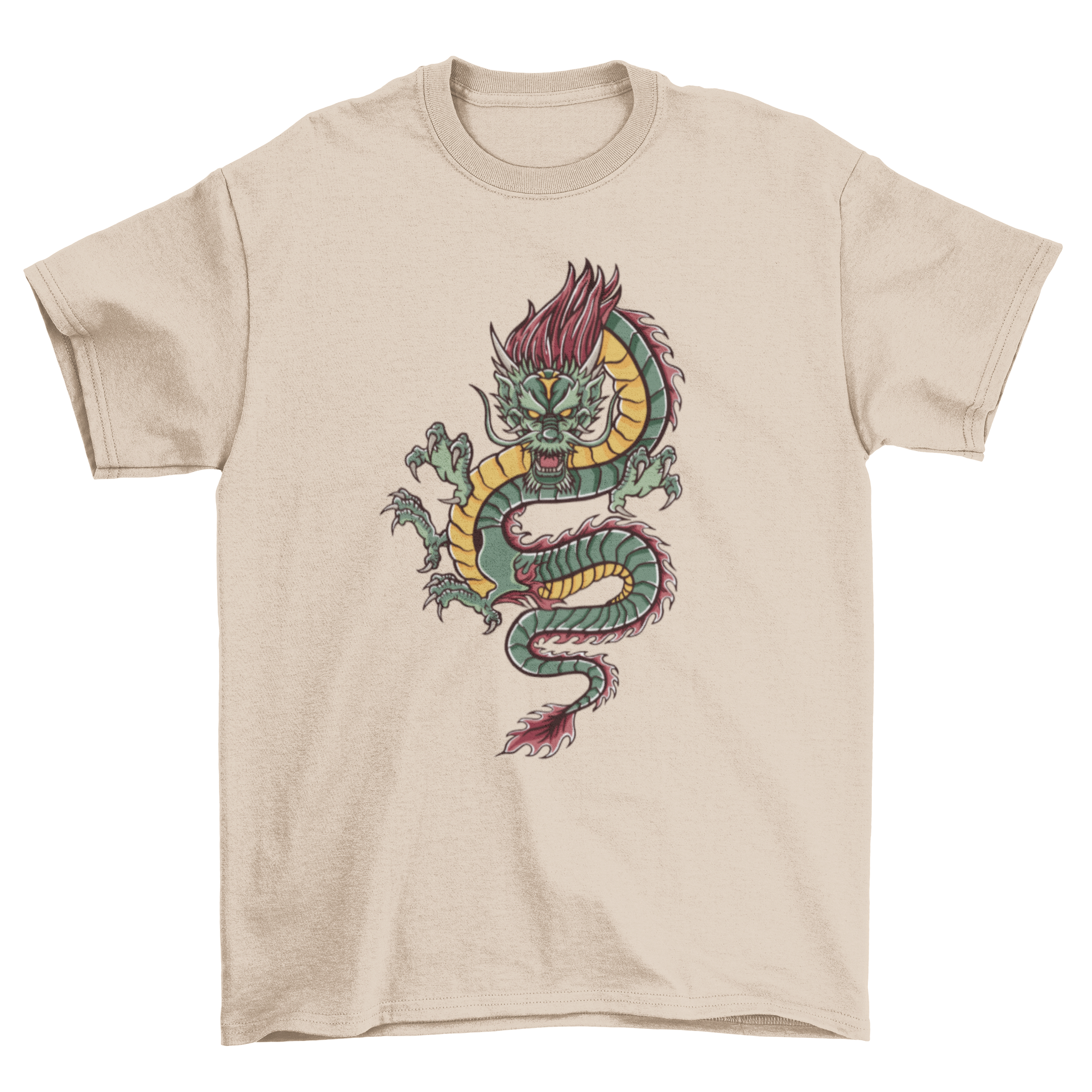 A vibrant t-shirt featuring an angry green dragon design, showcasing intricate details and bold colors.