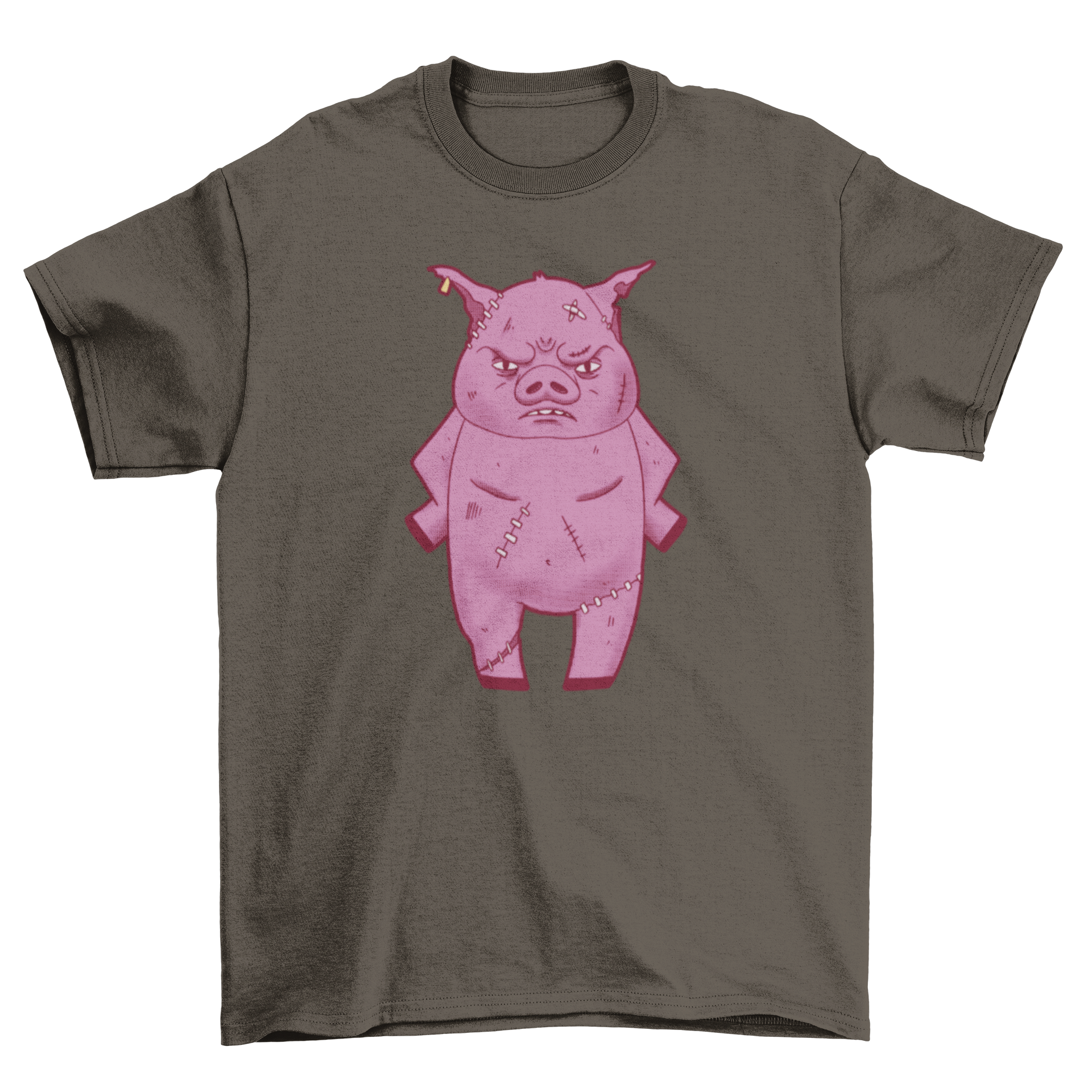 A graphic T-shirt featuring an angry and injured pig design, showcasing vibrant colors and a unique style.