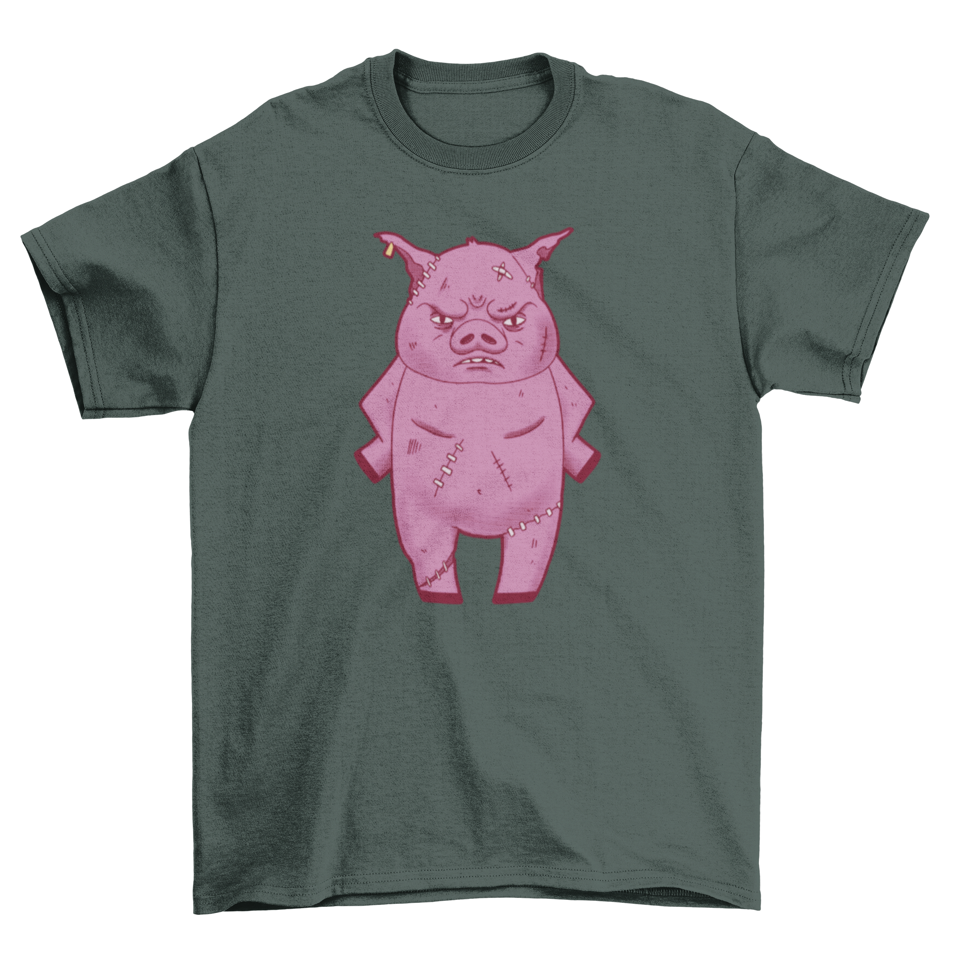 A graphic T-shirt featuring an angry and injured pig design, showcasing vibrant colors and a unique style.