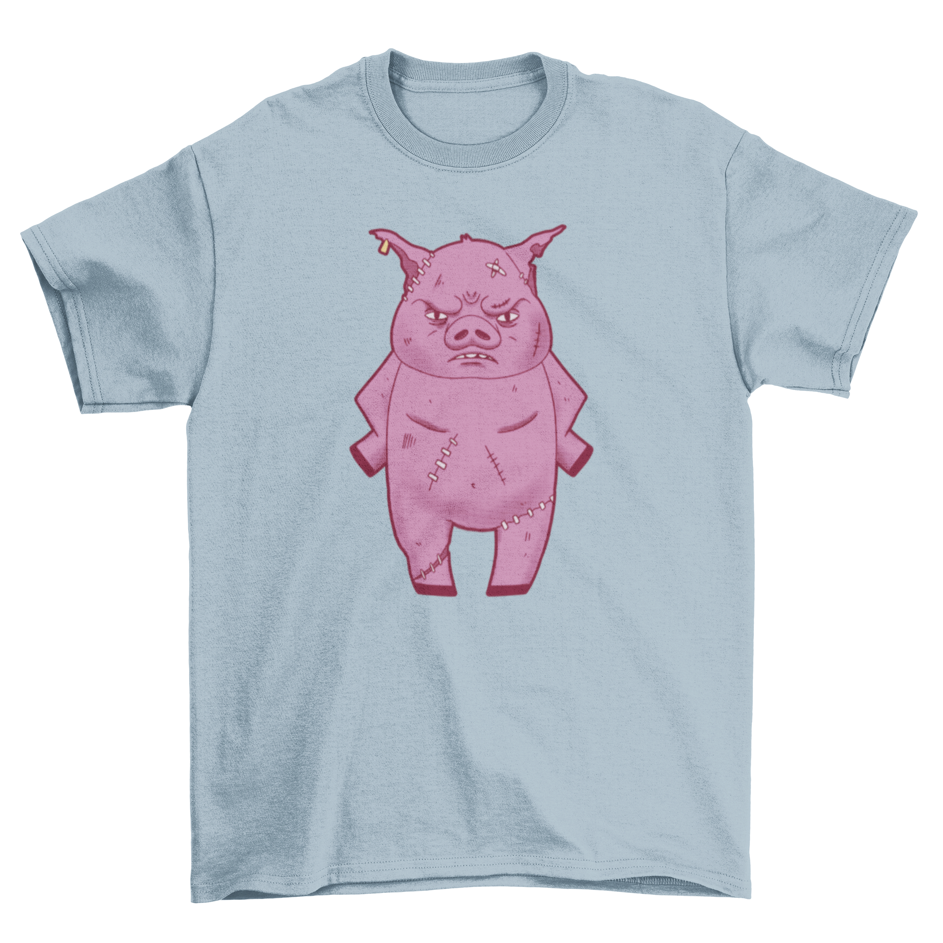 A graphic T-shirt featuring an angry and injured pig design, showcasing vibrant colors and a unique style.