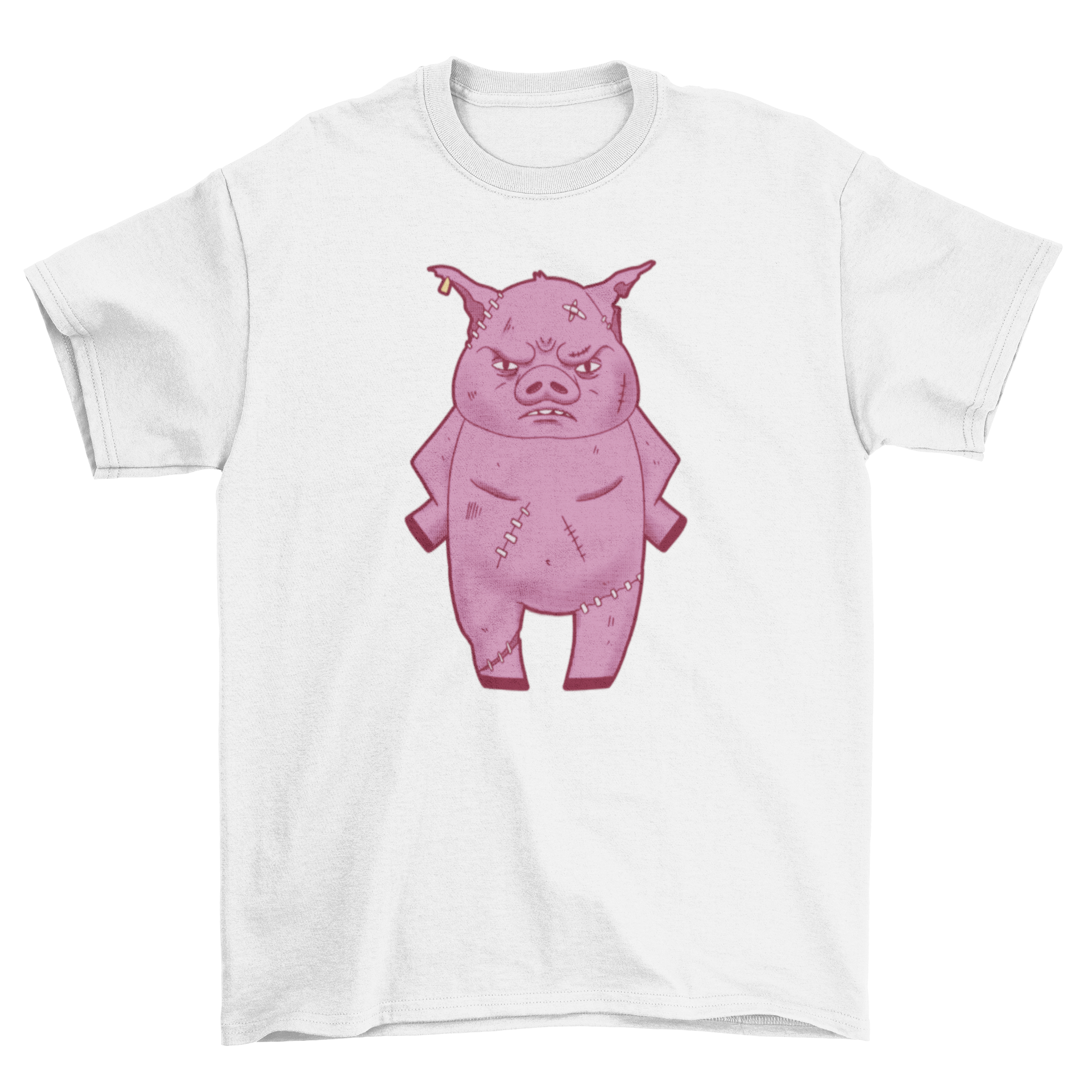 A graphic T-shirt featuring an angry and injured pig design, showcasing vibrant colors and a unique style.