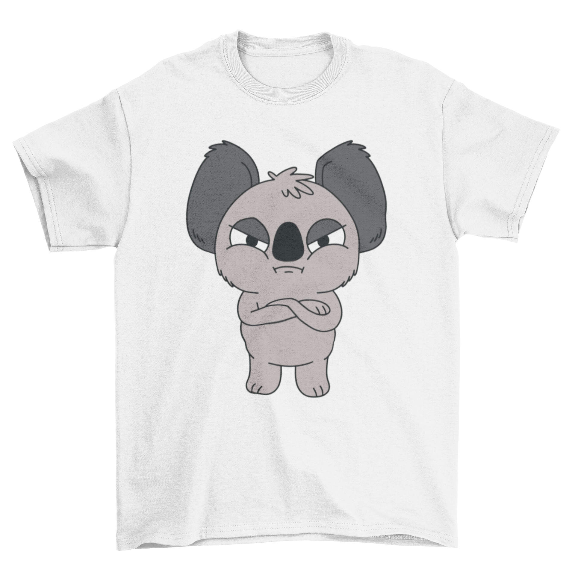 A cute cartoon-style t-shirt featuring an illustration of an angry koala, showcasing its expressive face and vibrant colors.