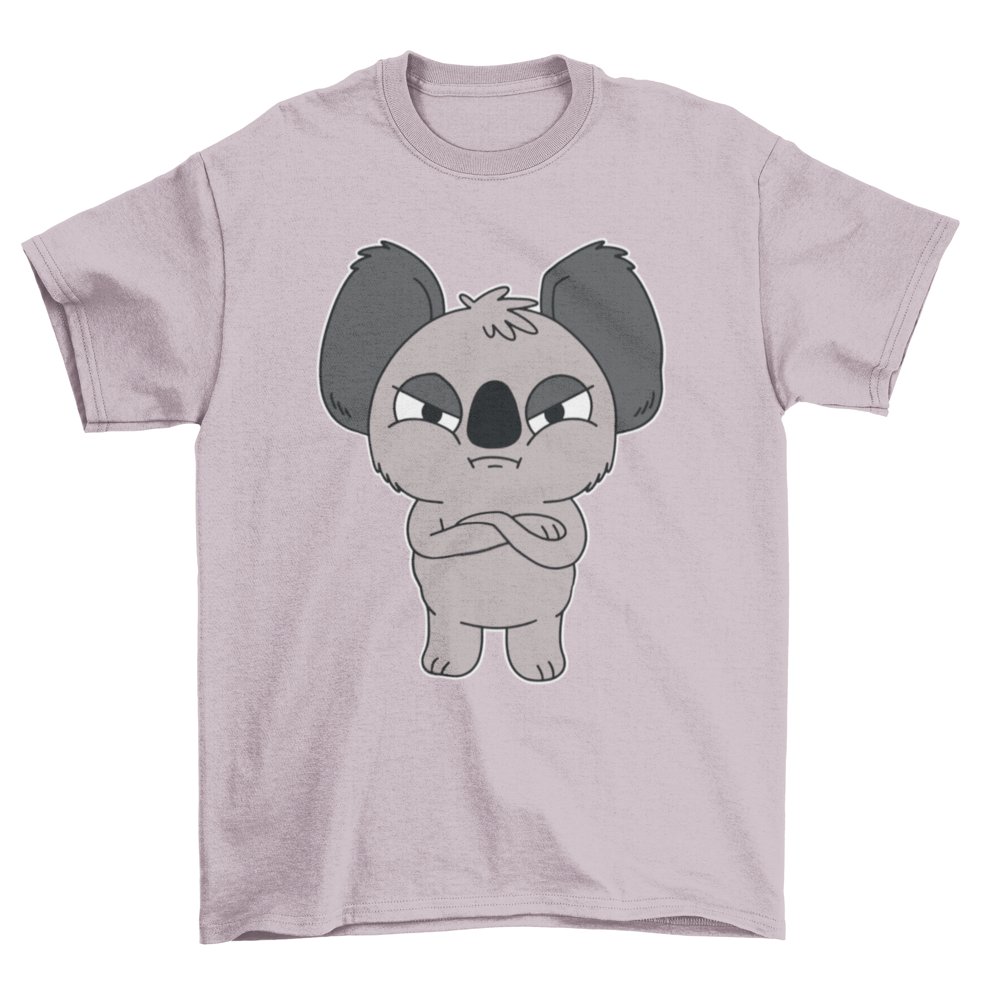 A cute cartoon-style t-shirt featuring an illustration of an angry koala, showcasing its expressive face and vibrant colors.