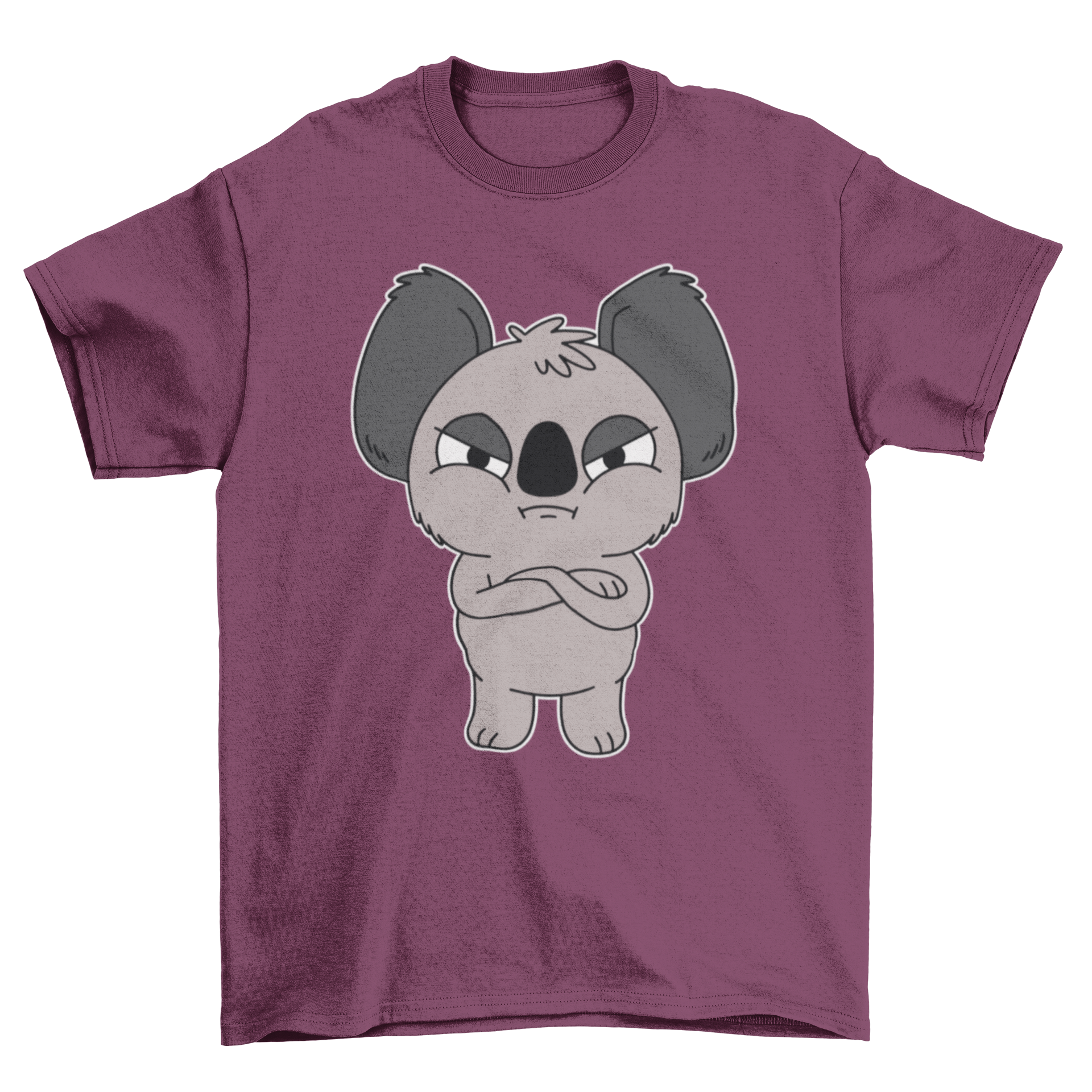 A cute cartoon-style t-shirt featuring an illustration of an angry koala, showcasing its expressive face and vibrant colors.