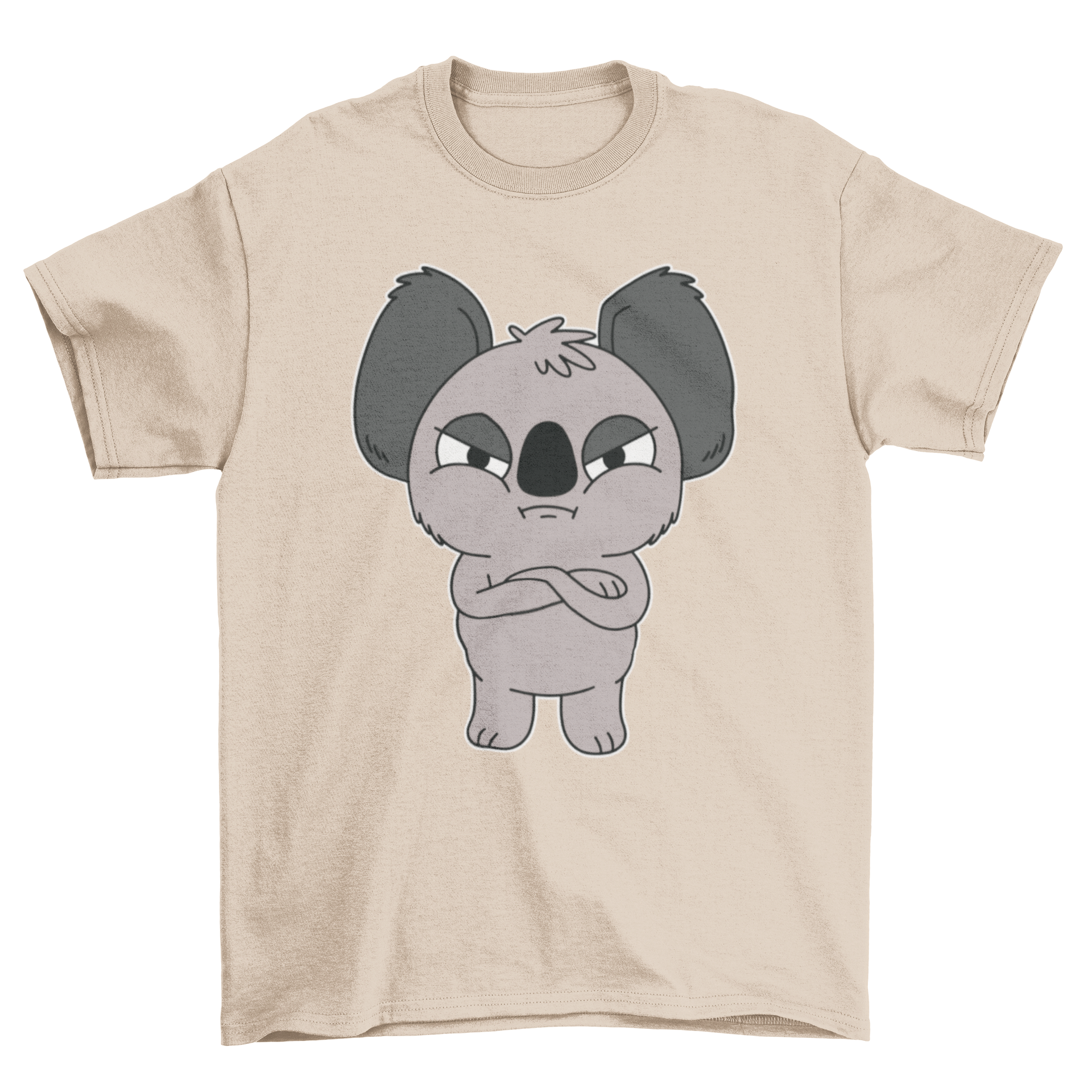 A cute cartoon-style t-shirt featuring an illustration of an angry koala, showcasing its expressive face and vibrant colors.