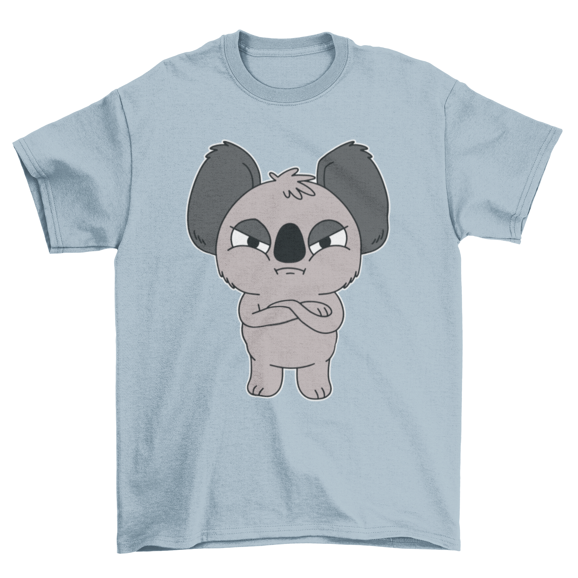 A cute cartoon-style t-shirt featuring an illustration of an angry koala, showcasing its expressive face and vibrant colors.