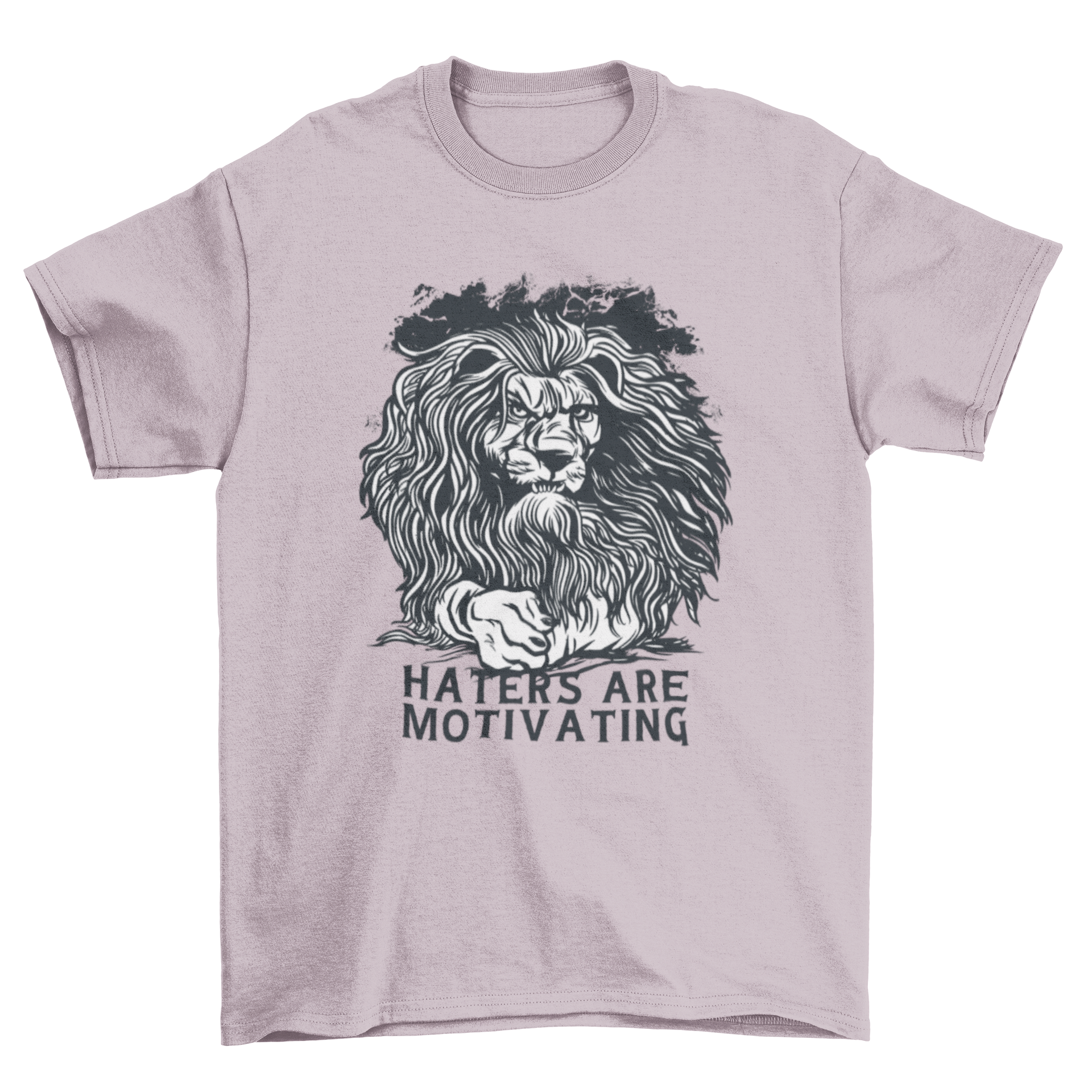 Angry lion graphic t-shirt with motivational quote 'Haters are motivating'.