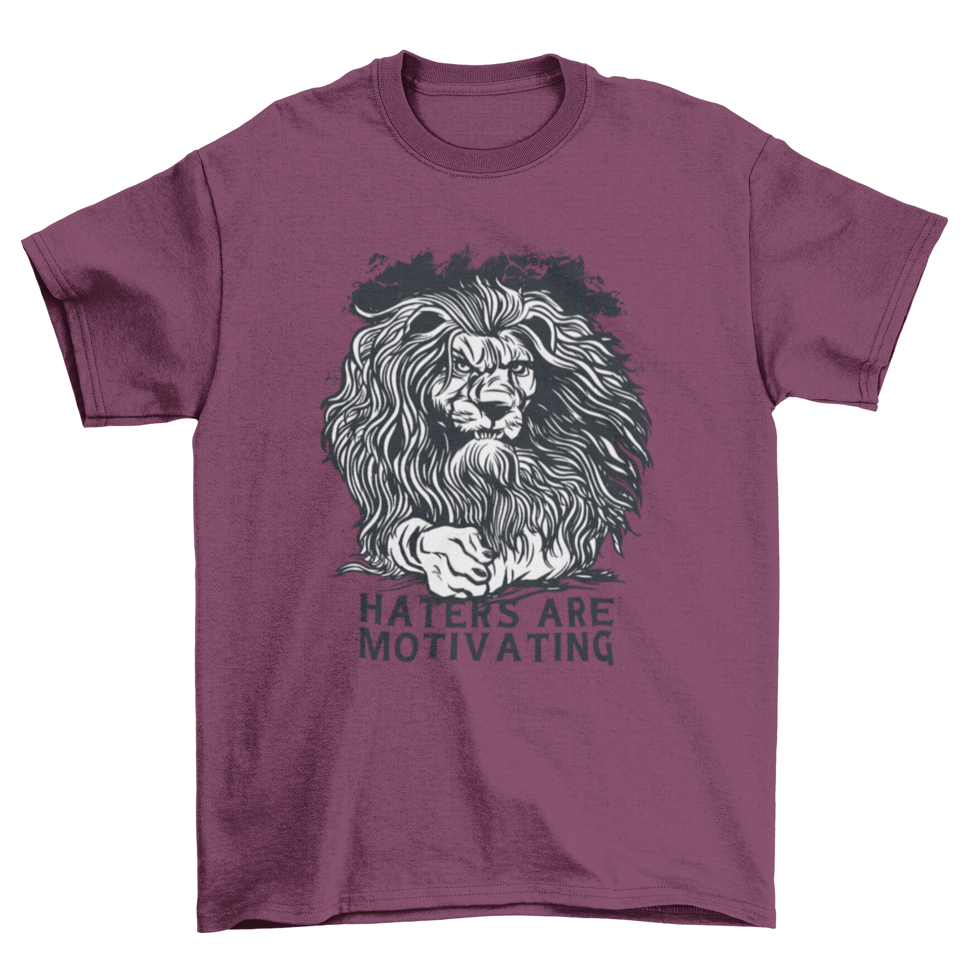 Angry lion graphic t-shirt with motivational quote 'Haters are motivating'.