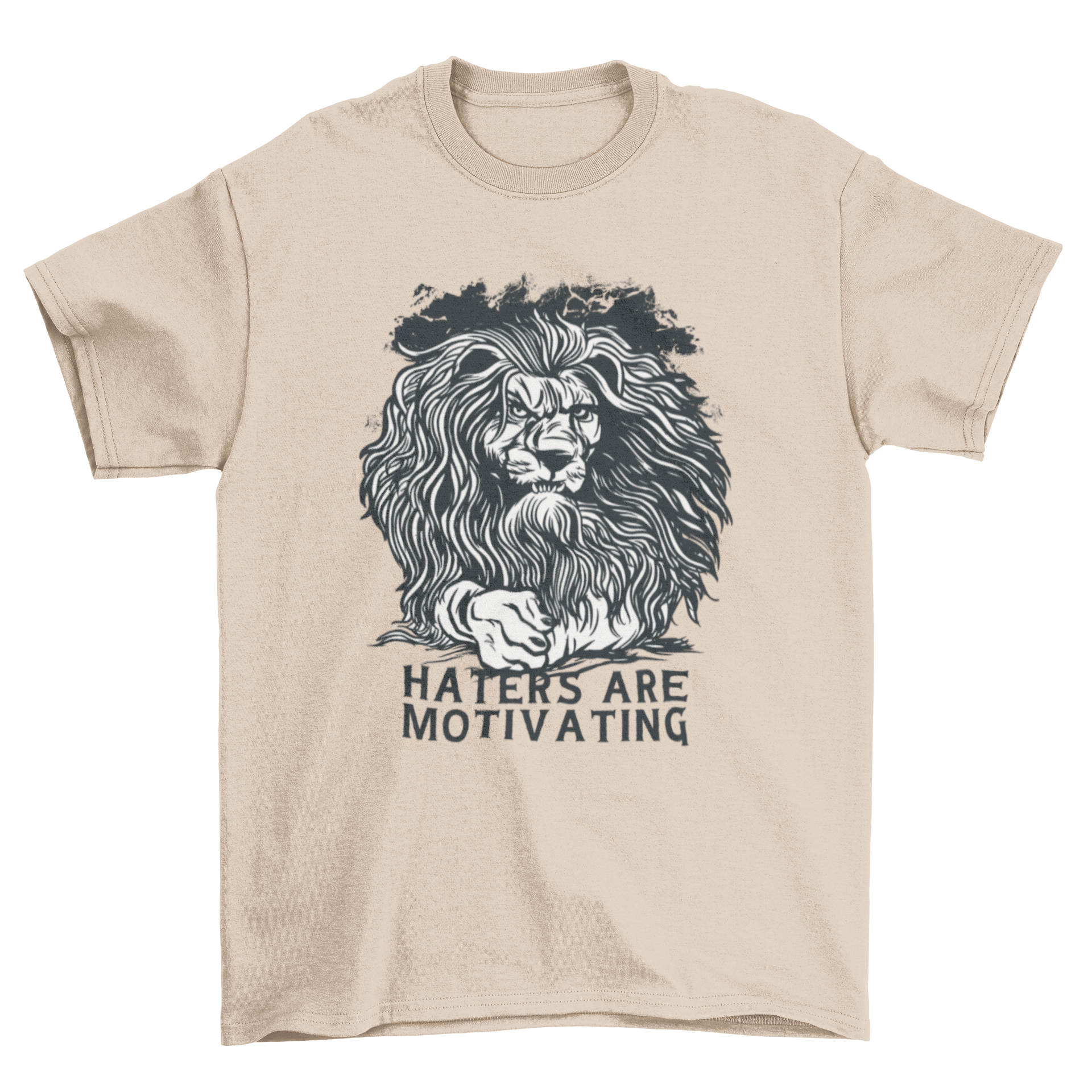 Angry lion graphic t-shirt with motivational quote 'Haters are motivating'.