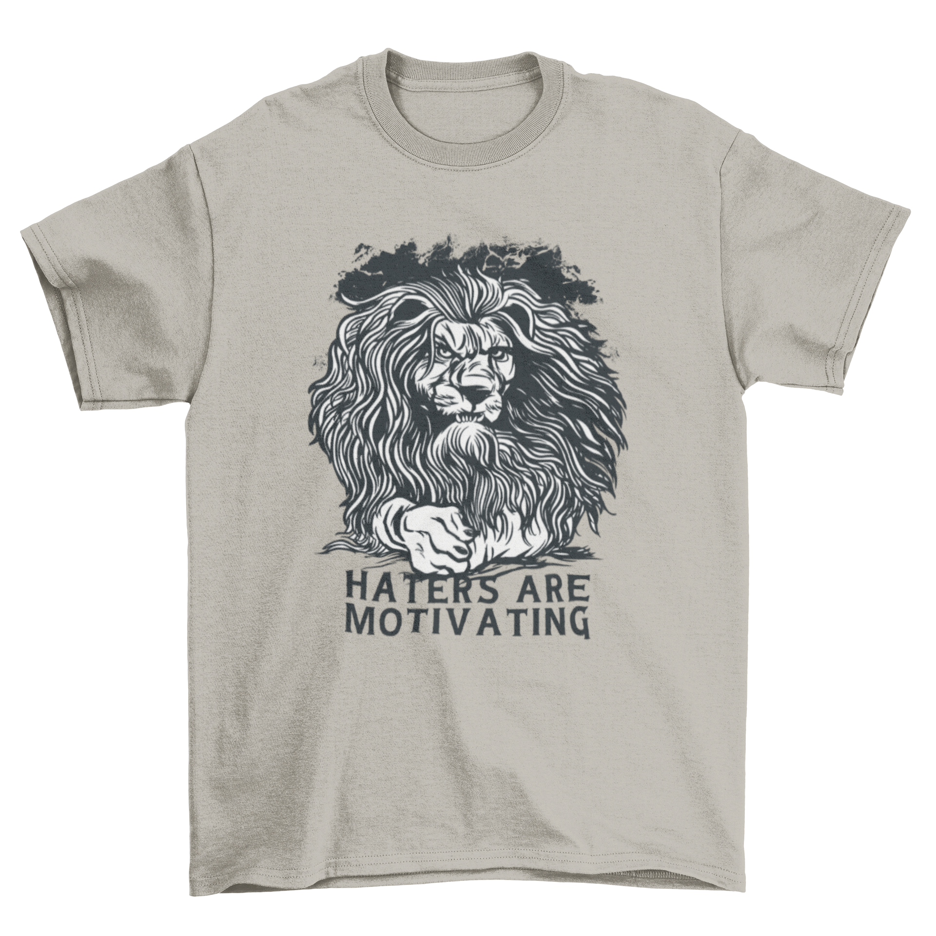 Angry lion graphic t-shirt with motivational quote 'Haters are motivating'.